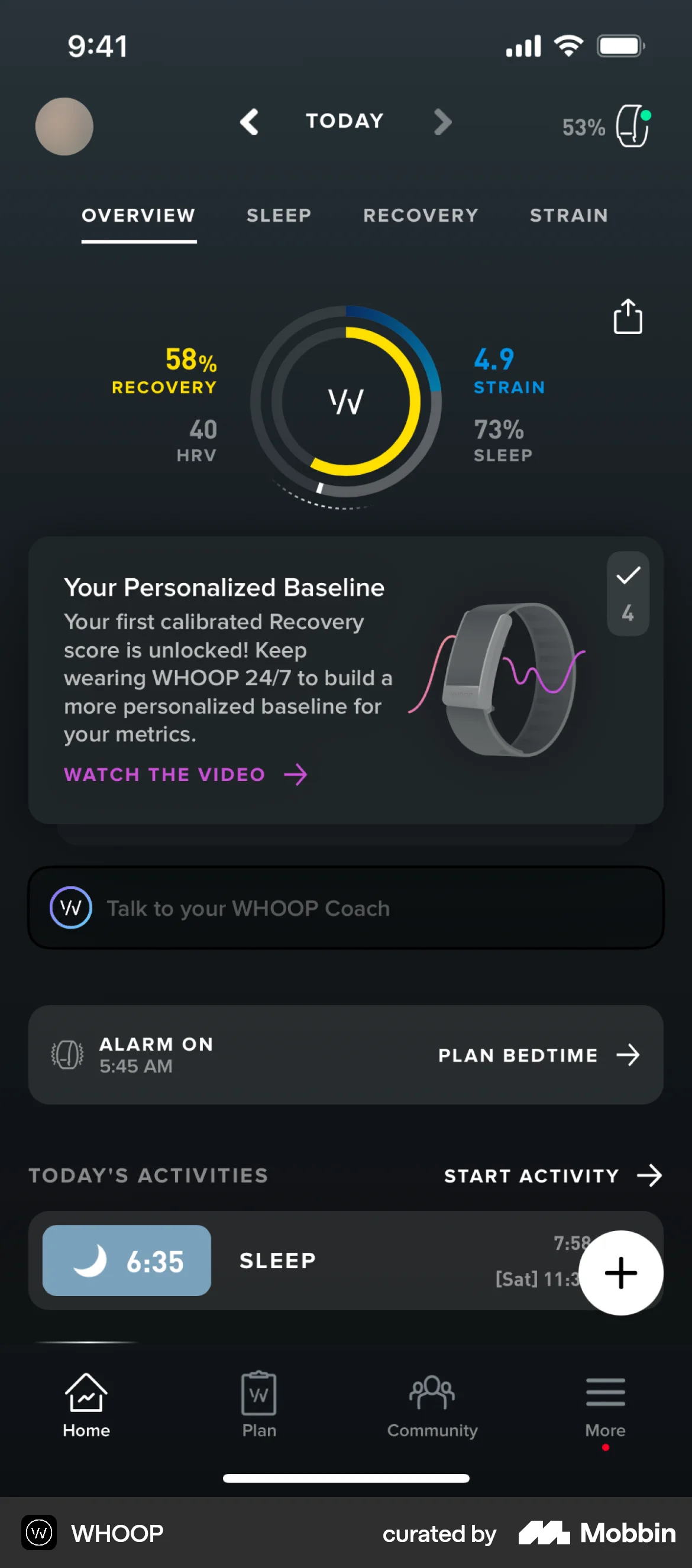 WHOOP iOS Home screen