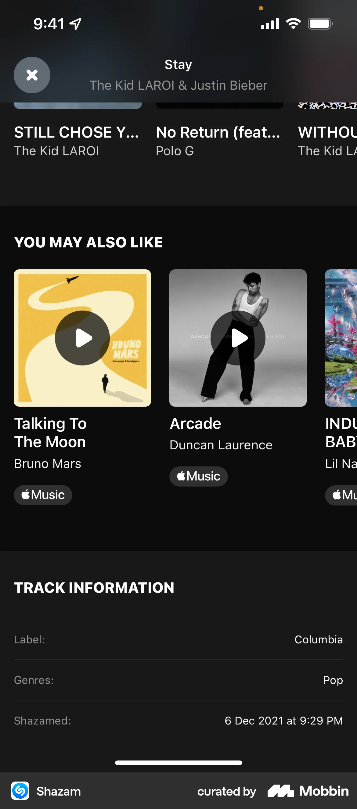 Shazam iOS Song & Podcast Detail screen