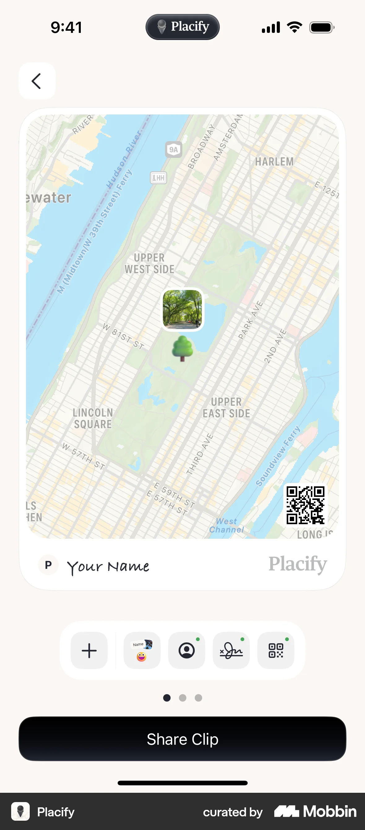Placify iOS screen containing Map Pin UI element