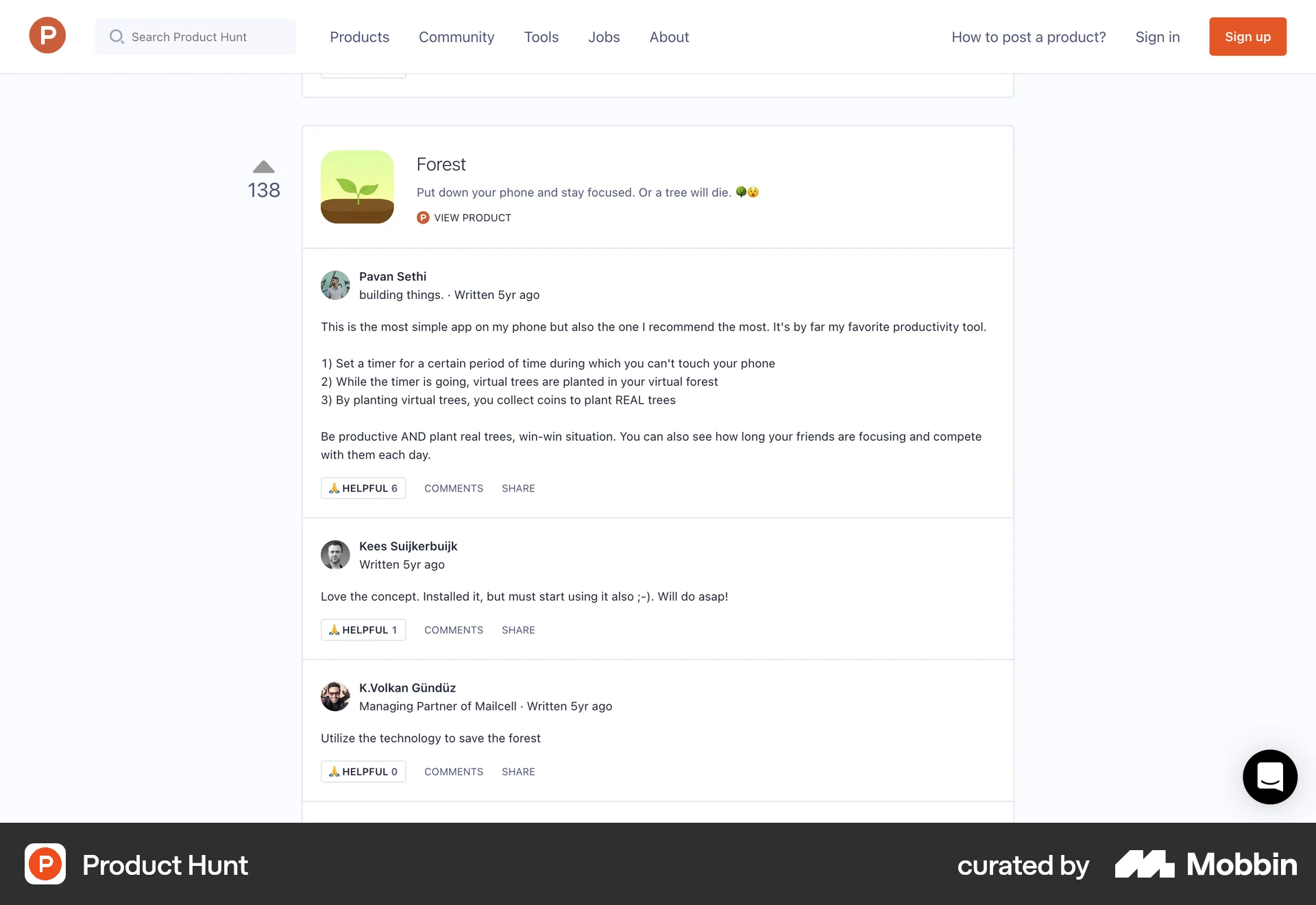 Product Hunt Web Post Detail screen