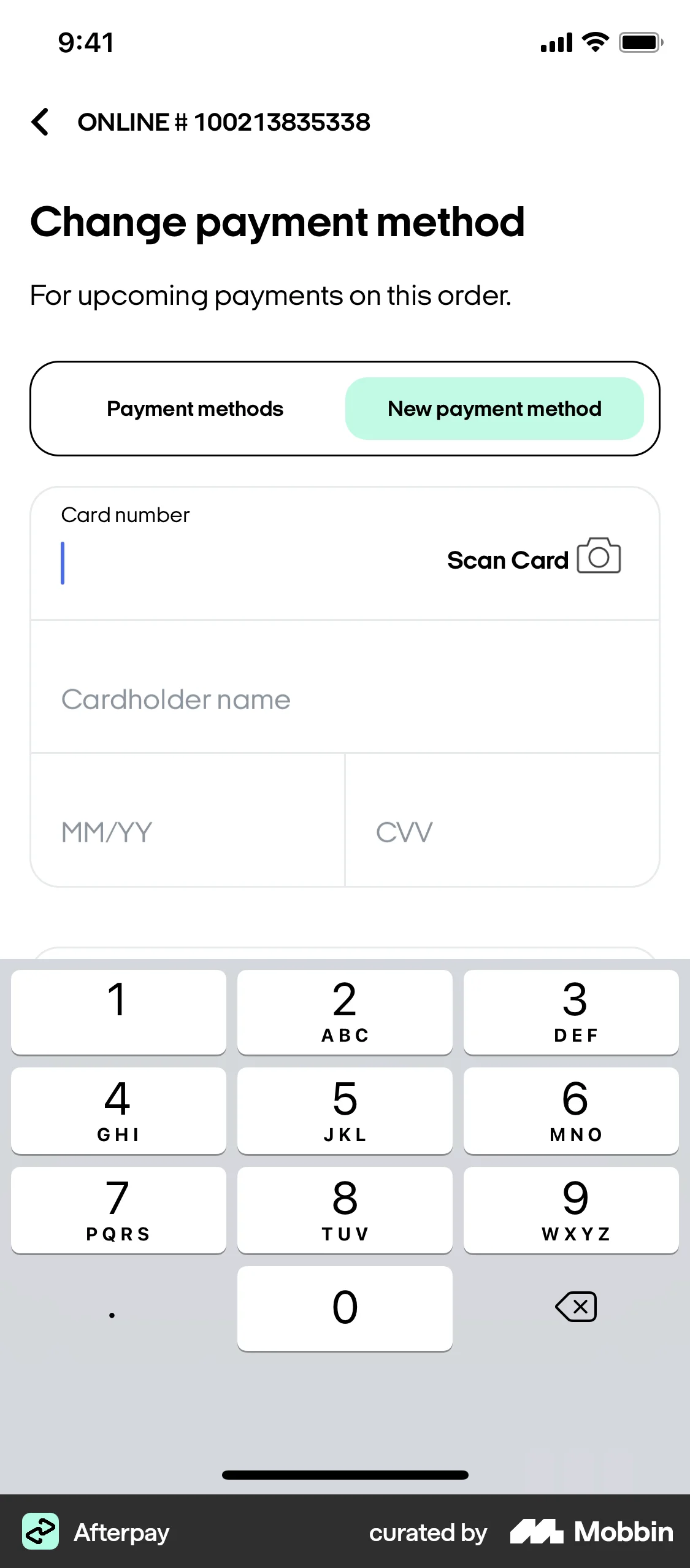 Afterpay iOS Payment Method screen