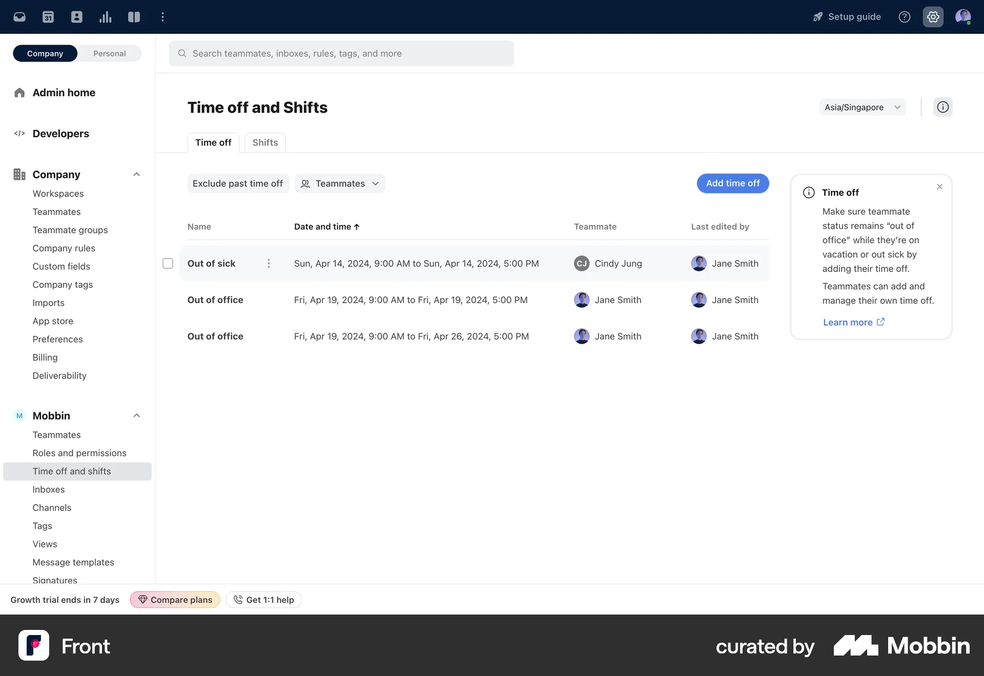 Front Web Time Tracker screen