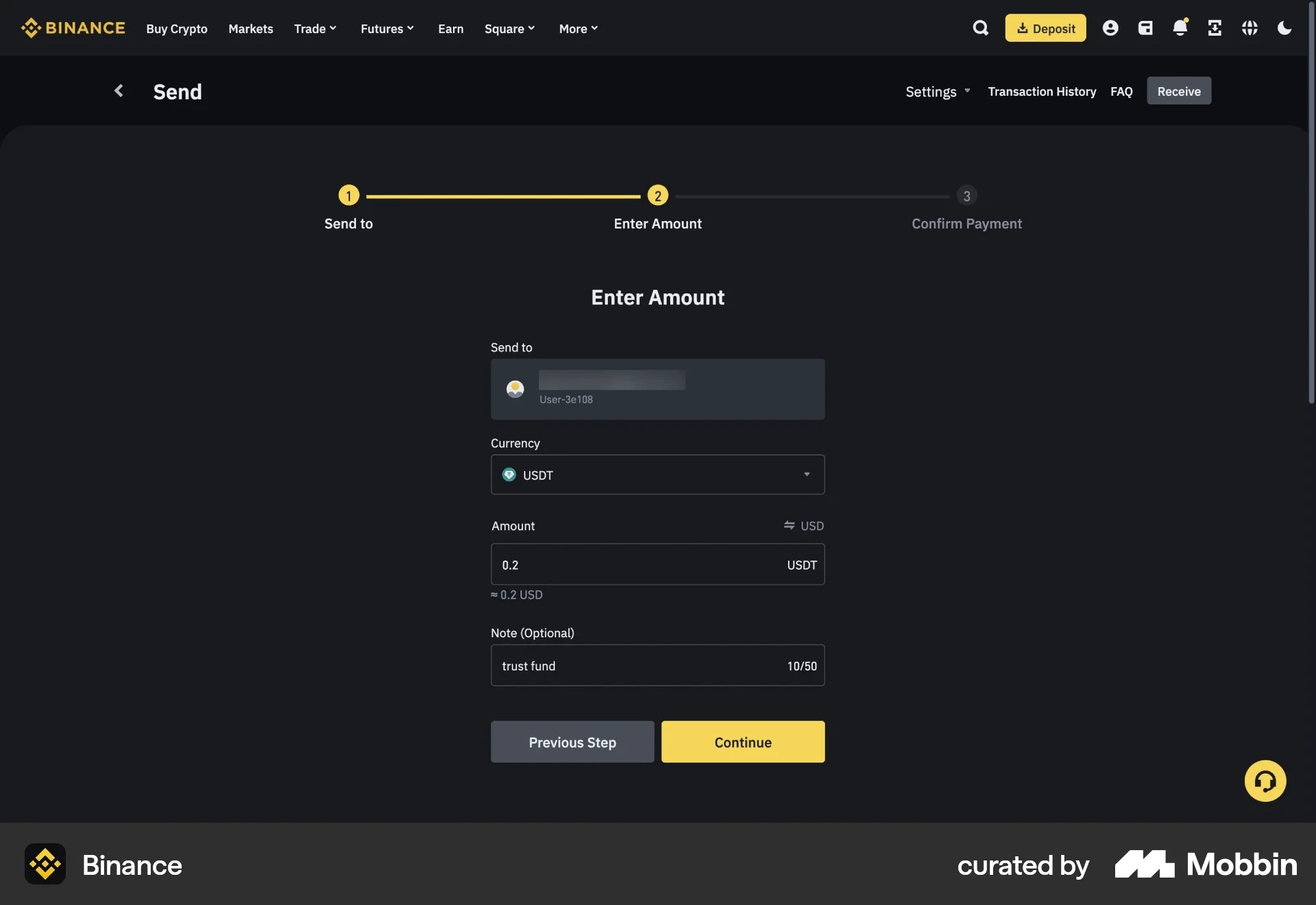 Binance Web Transfer & Send Money screen