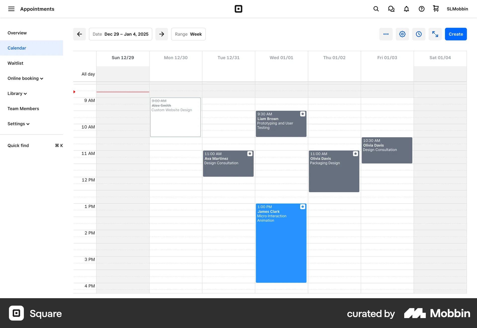 Square Web Calendar screen