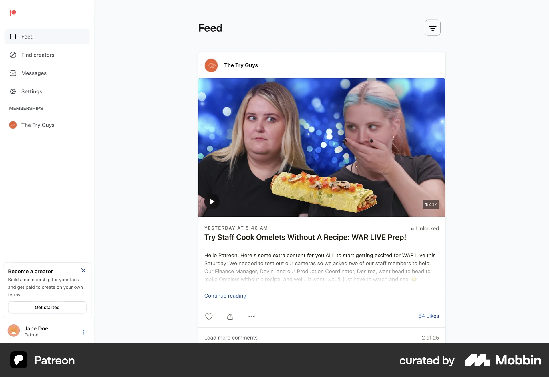 Patreon Web Social Feed screen