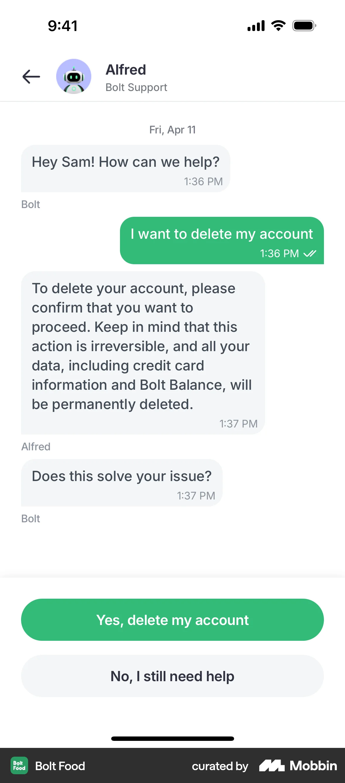 Bolt Food iOS Delete & Deactivate Account screen