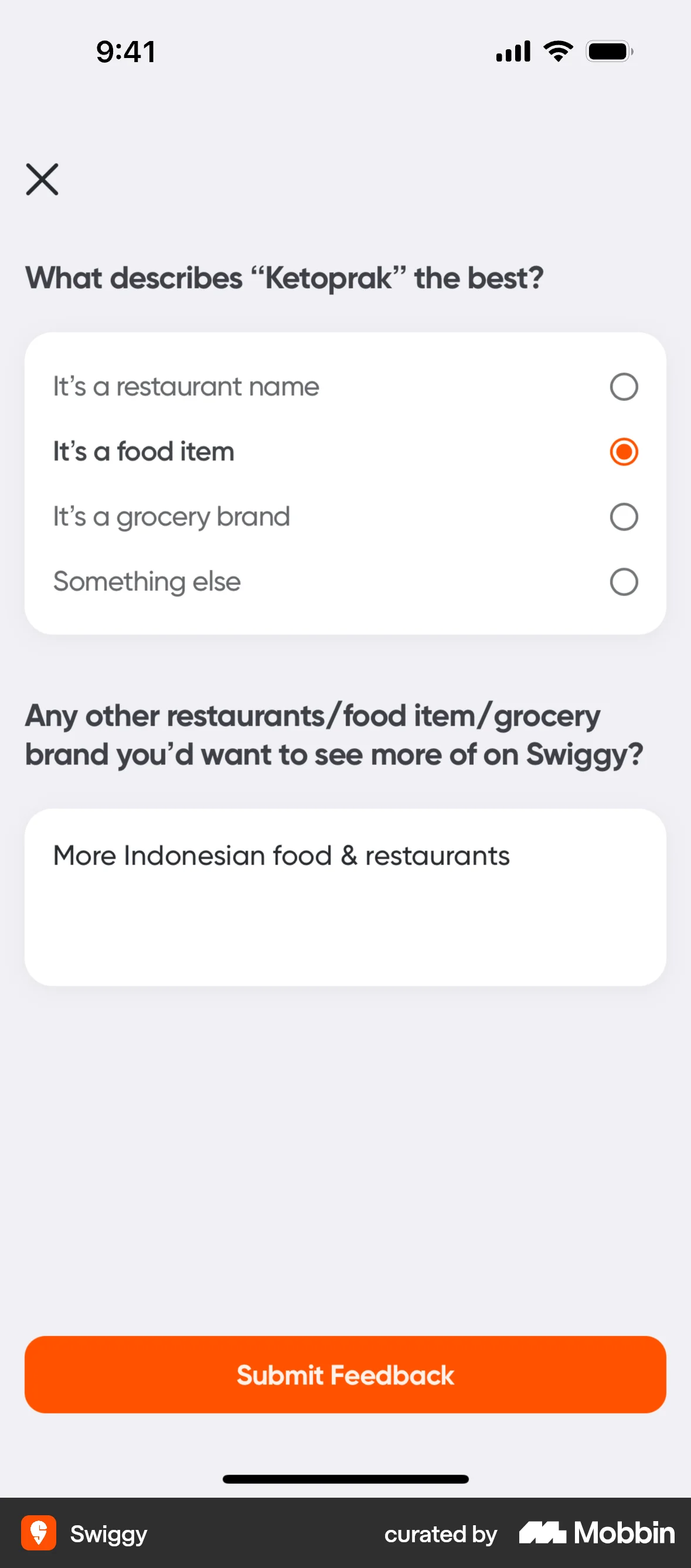 Swiggy iOS Feedback screen