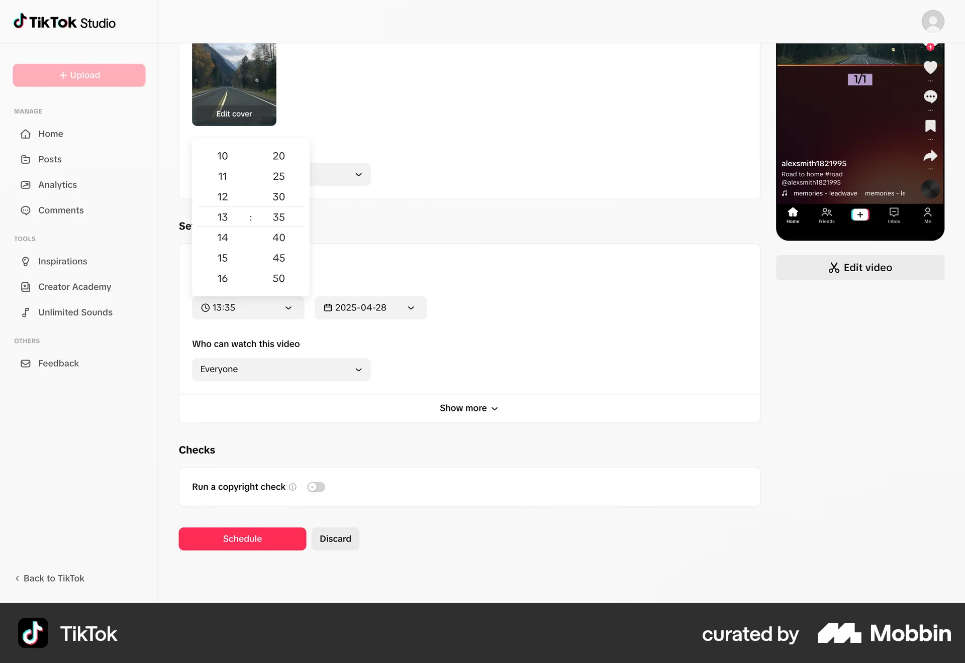 TikTok Web screen containing Time Picker UI element