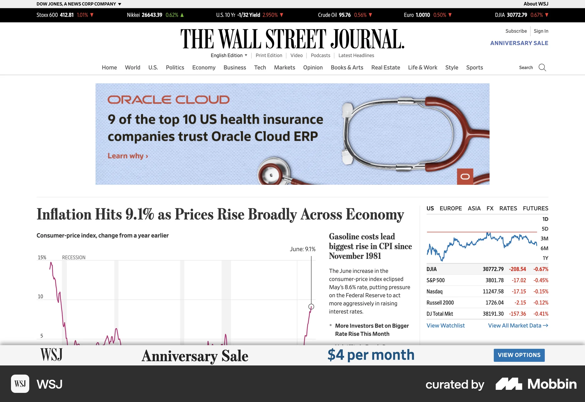 WSJ Web News Feed screen