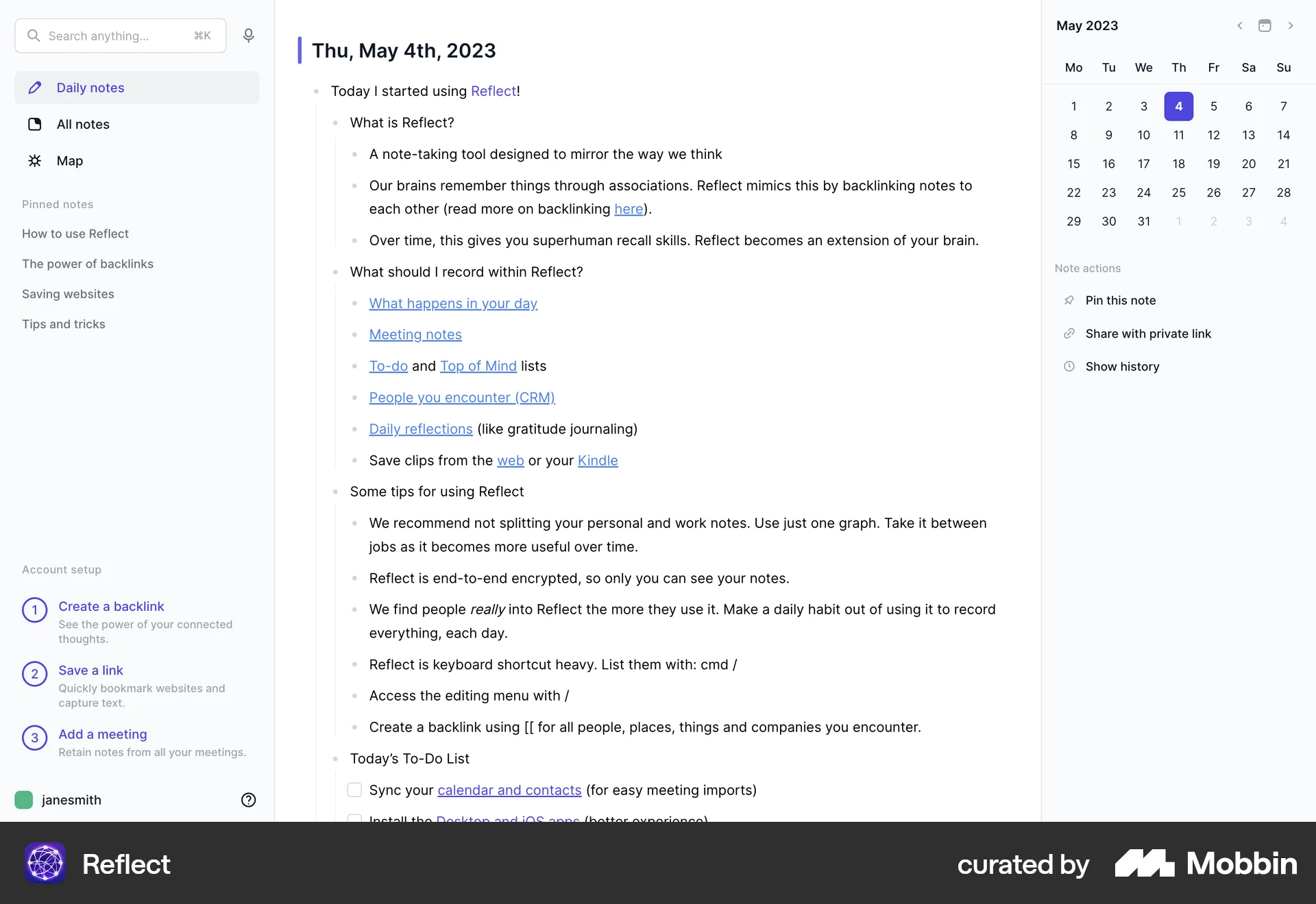 Reflect Web Calendar screen