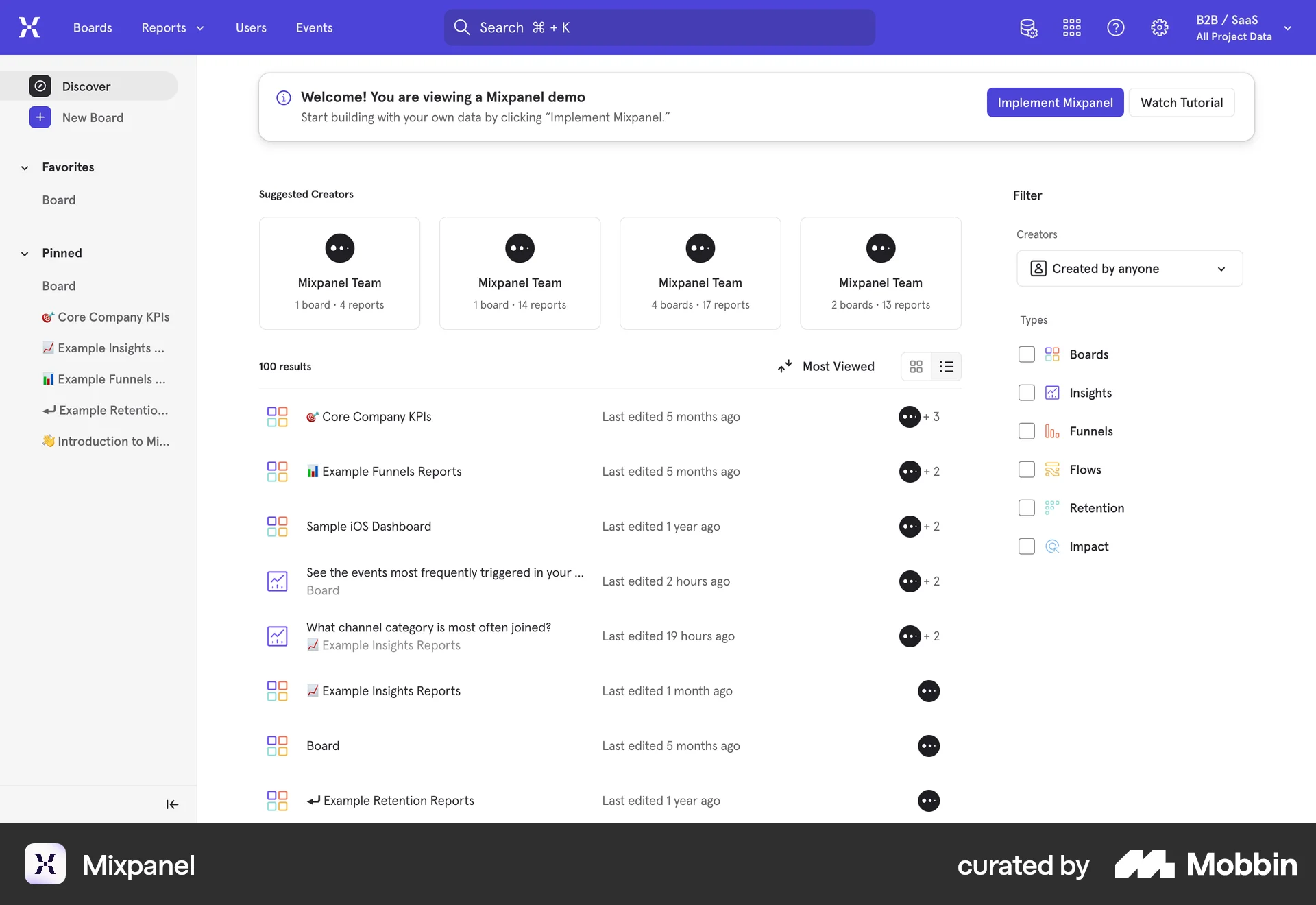 Mixpanel Web Favorite & Pin screen