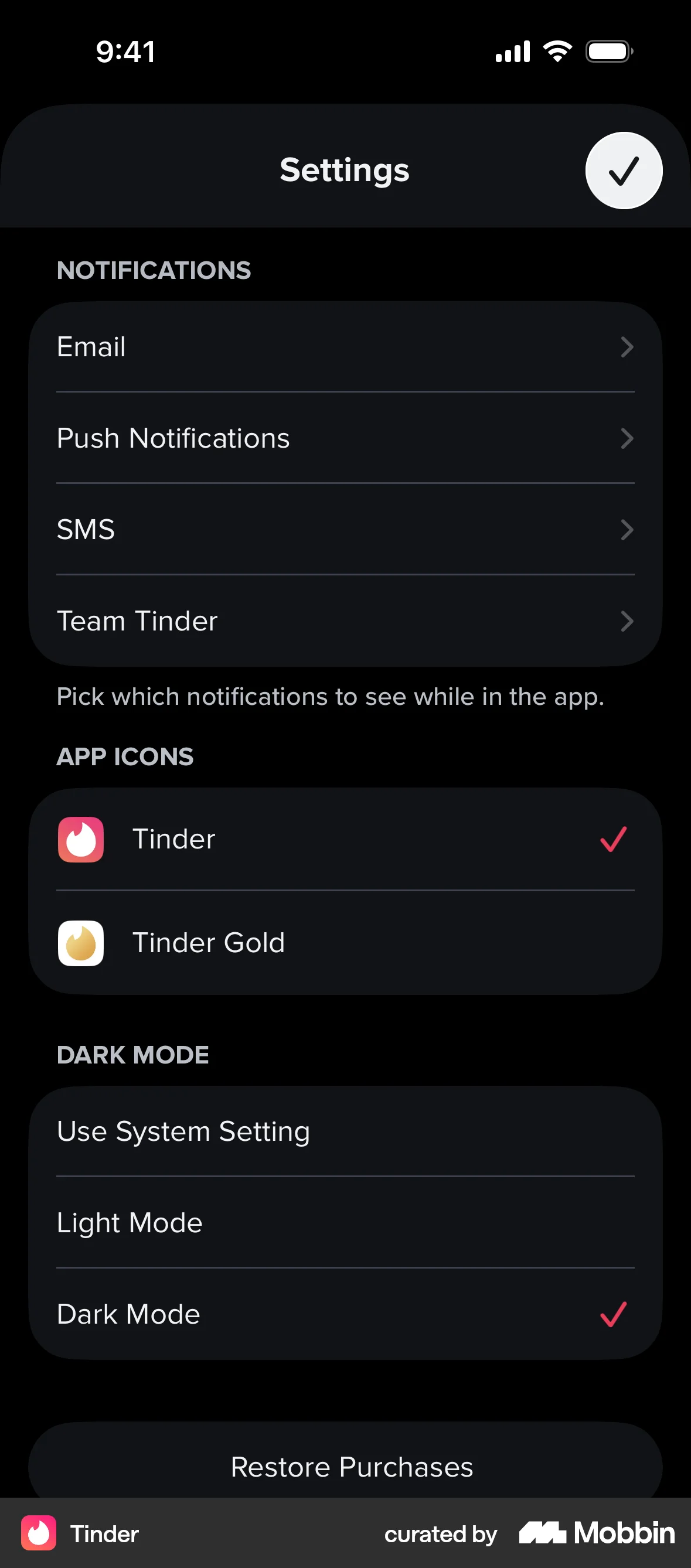 Tinder iOS Dark Mode screen