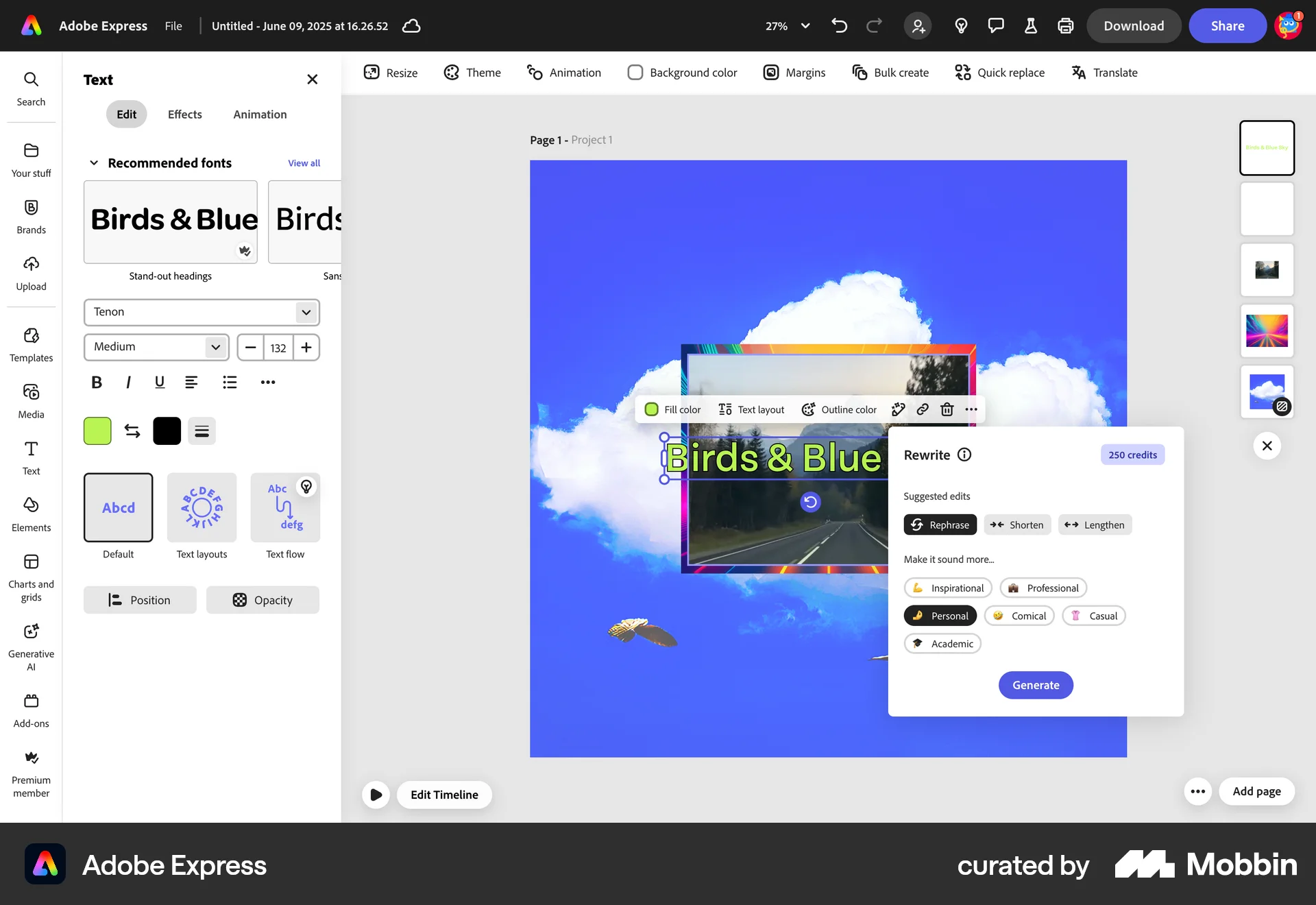 Adobe Express Web screen containing Popover UI element