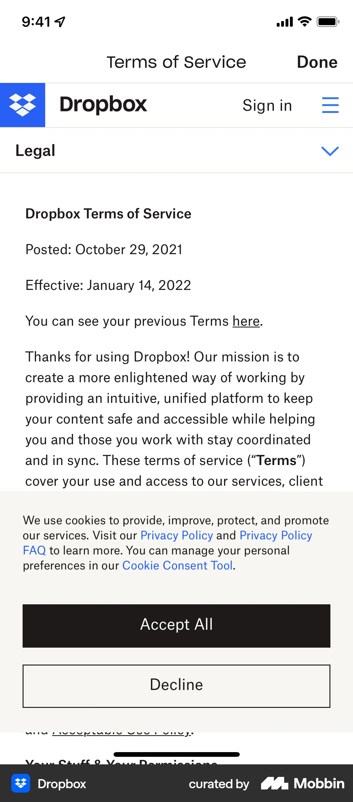Dropbox iOS Terms & Conditions screen