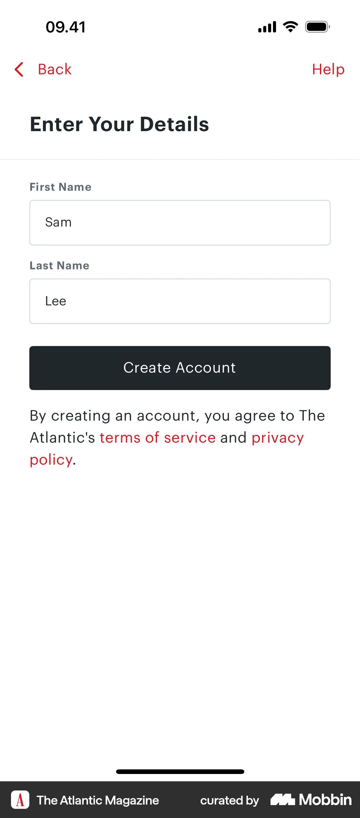 The Atlantic Magazine iOS Account Setup screen