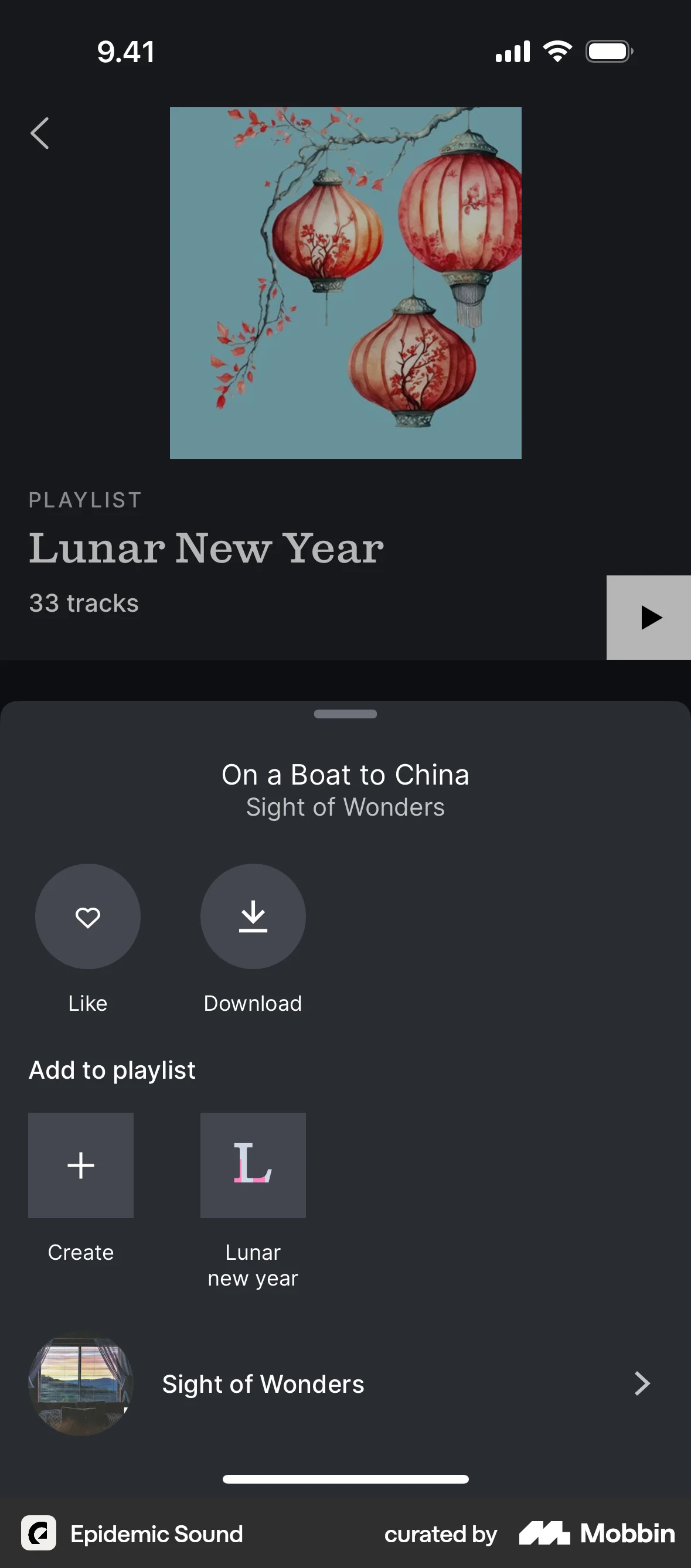 Epidemic Sound iOS Action Option screen