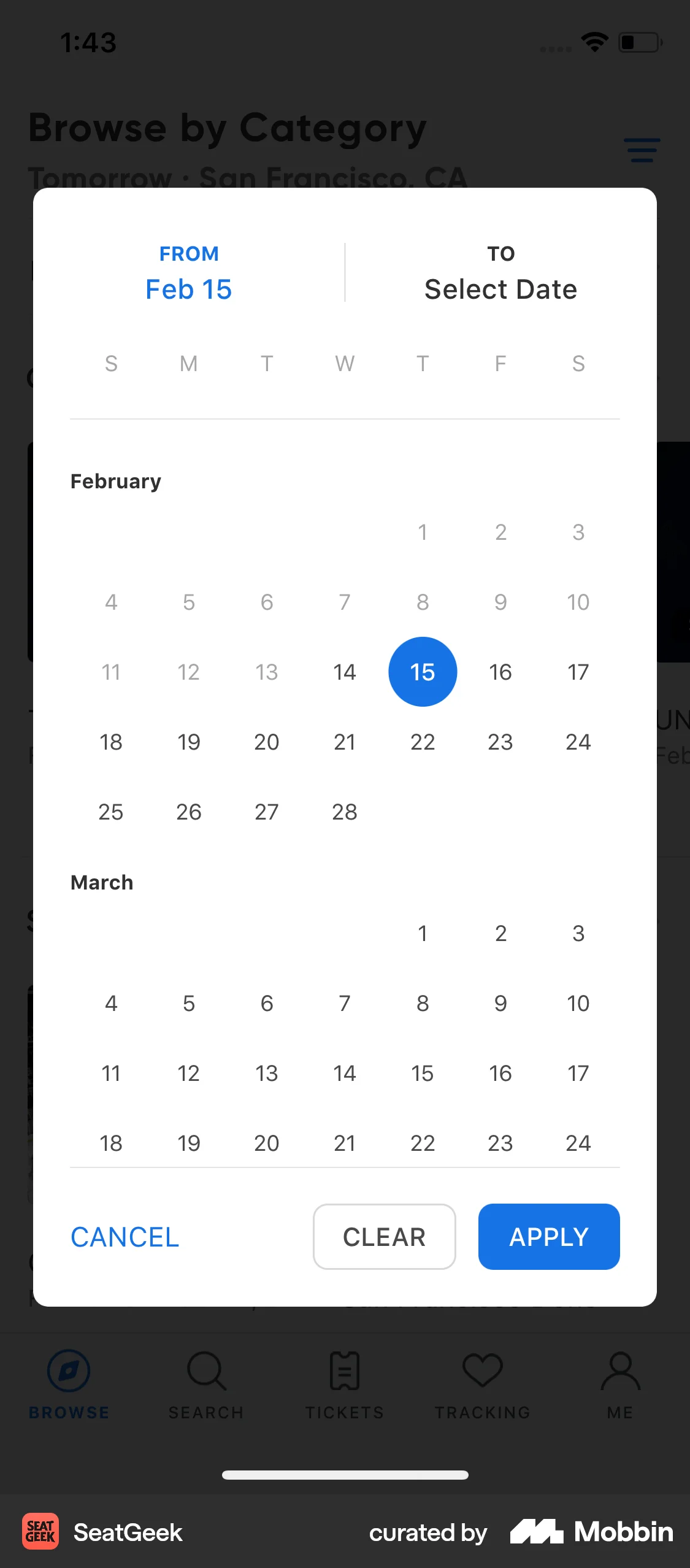 SeatGeek iOS Calendar screen