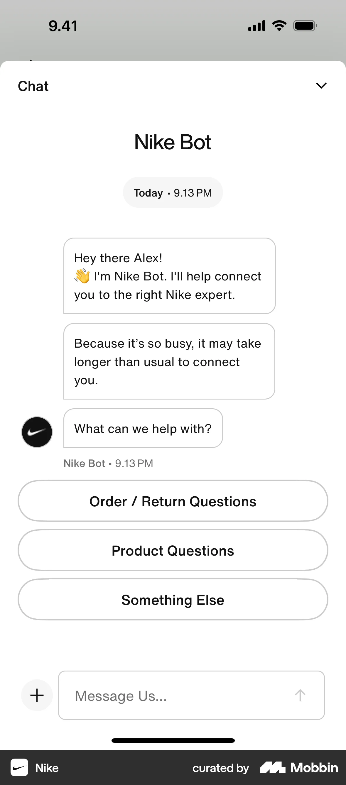 Nike iOS Chat Bot screen