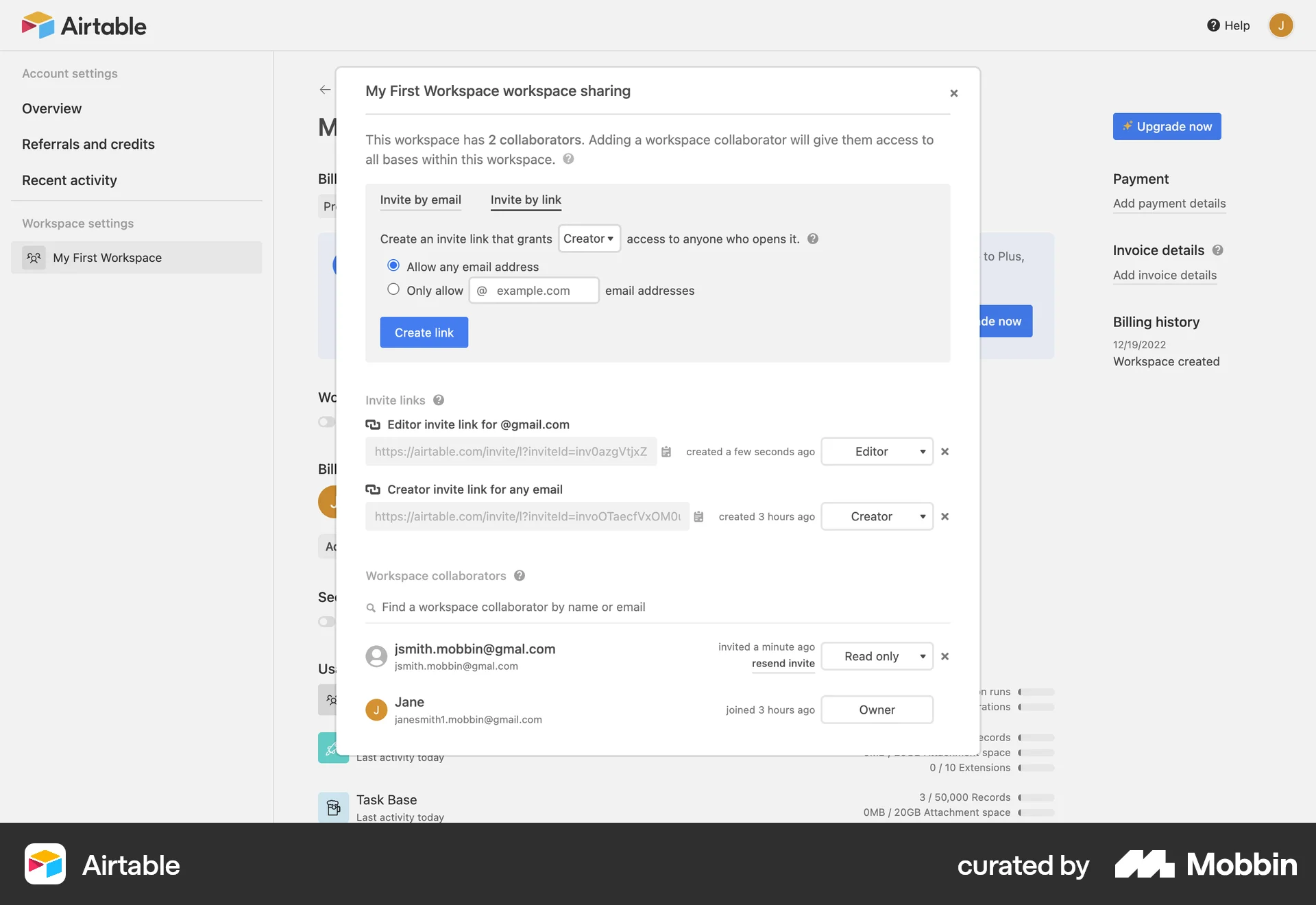 Airtable Web Invite Teammates screen