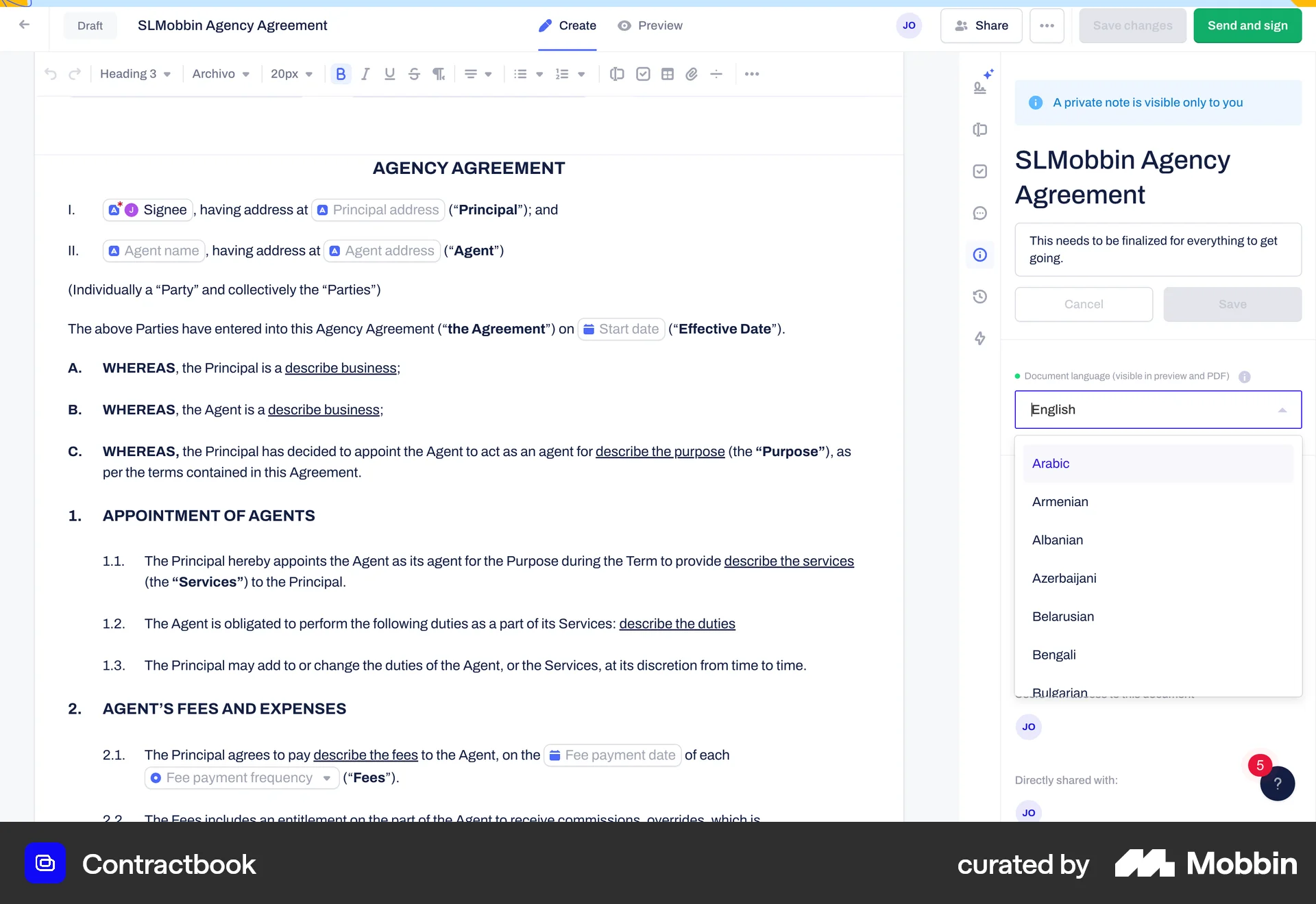 Contractbook Web screen containing Combobox UI element