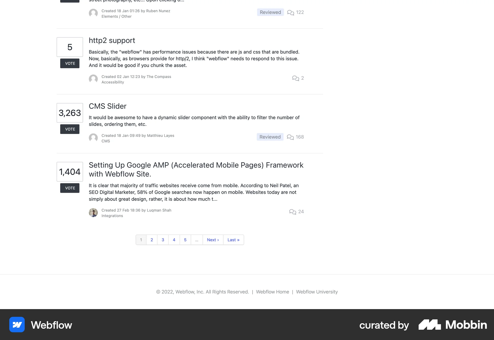 Webflow Web screen containing Pagination UI element