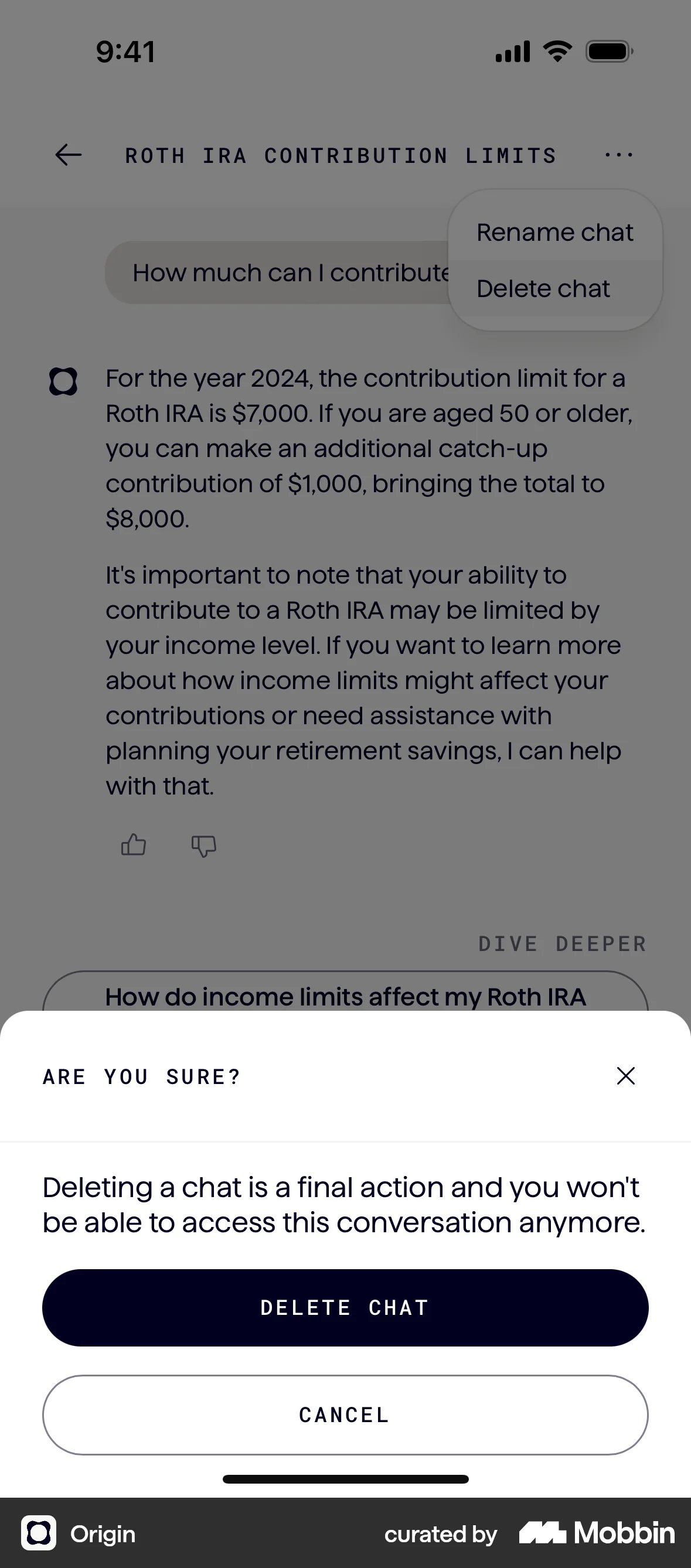 Origin iOS Delete screen