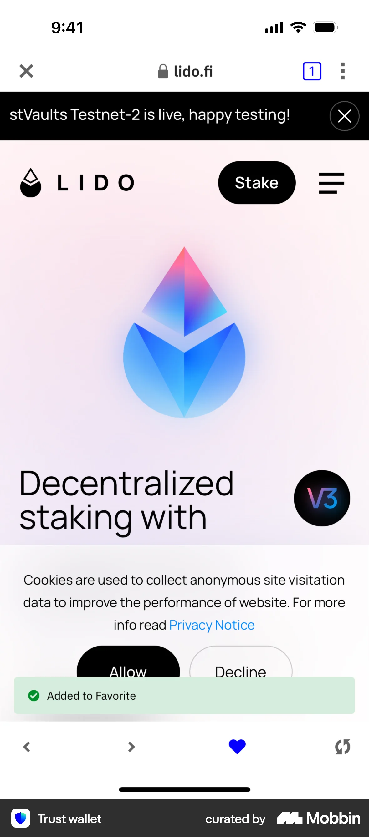 Trust Wallet iOS Acknowledgement & Success screen