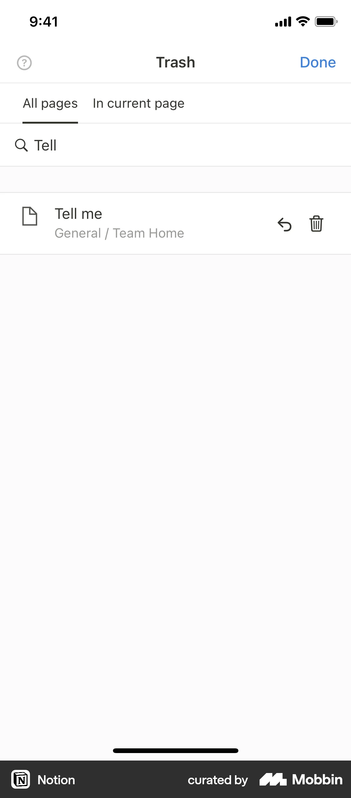 Notion iOS Trash & Archive screen