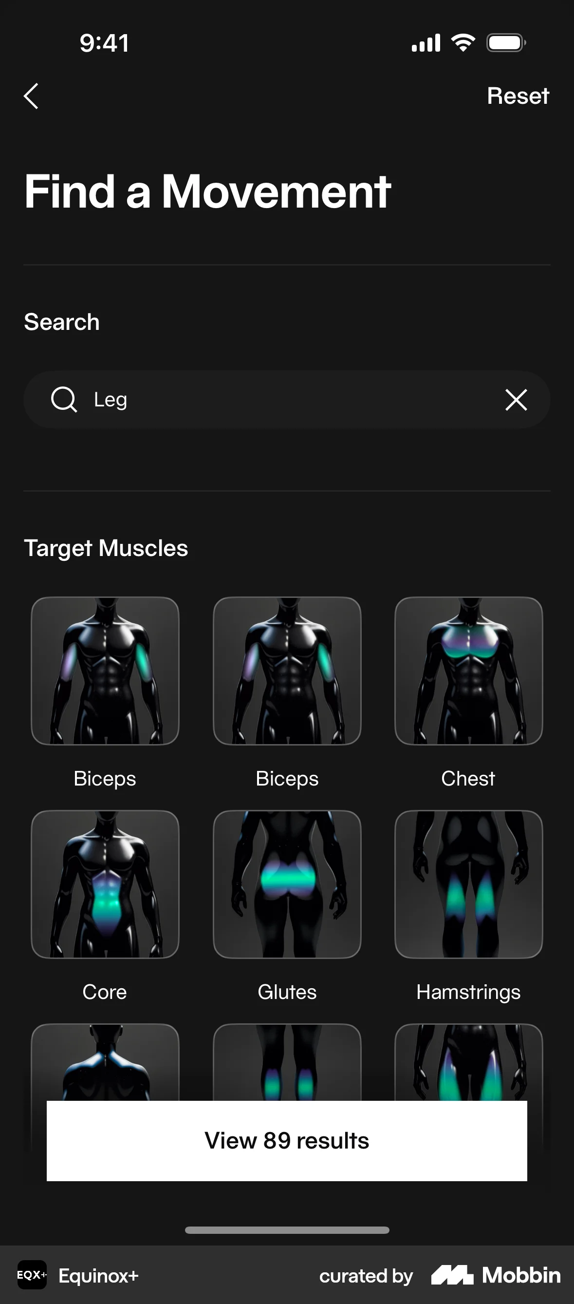 Equinox+ iOS screen containing Search Bar UI element