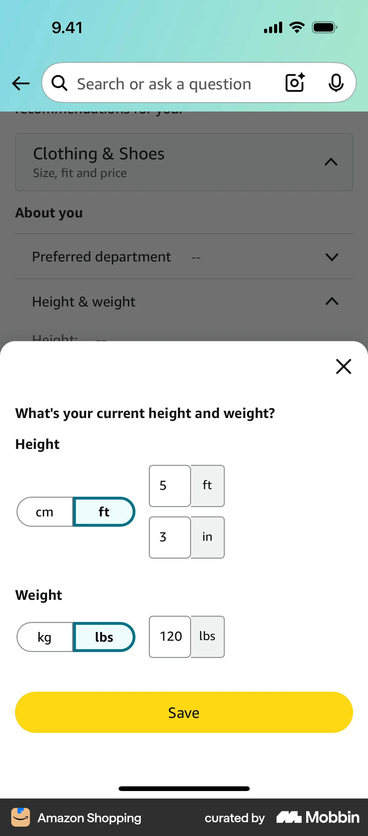 Amazon Shopping iOS Account Setup screen