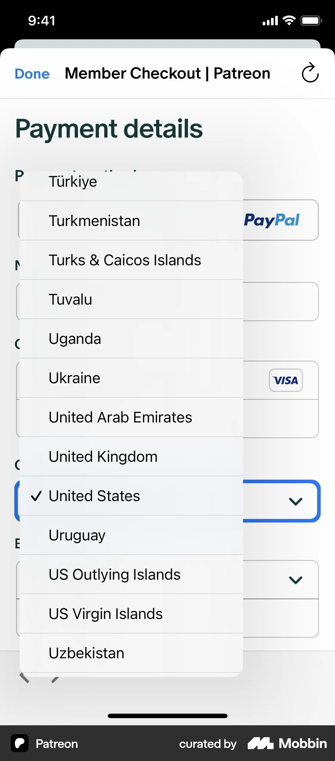 Patreon iOS screen containing Dropdown Menu UI element