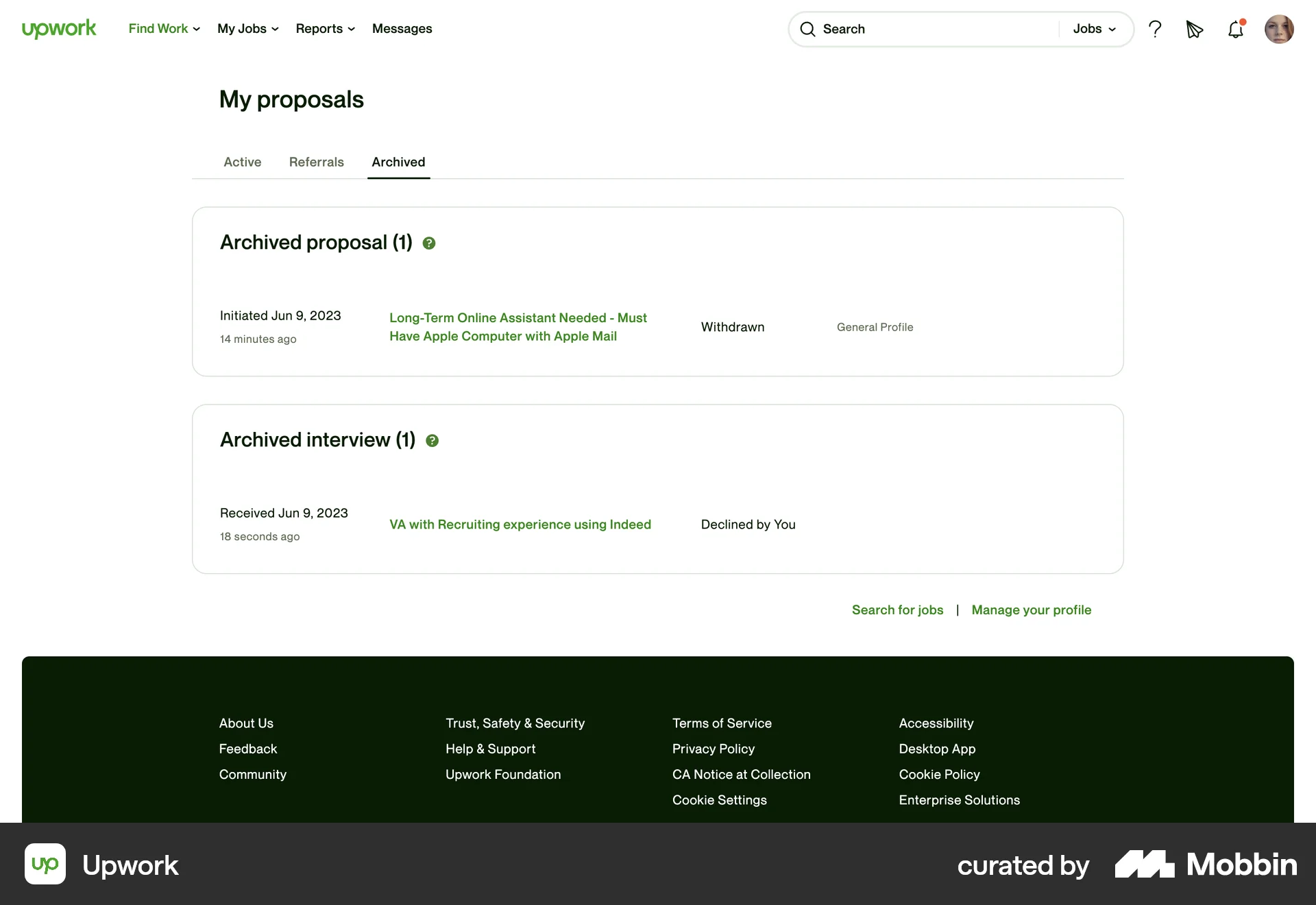 Upwork Web Trash & Archive screen