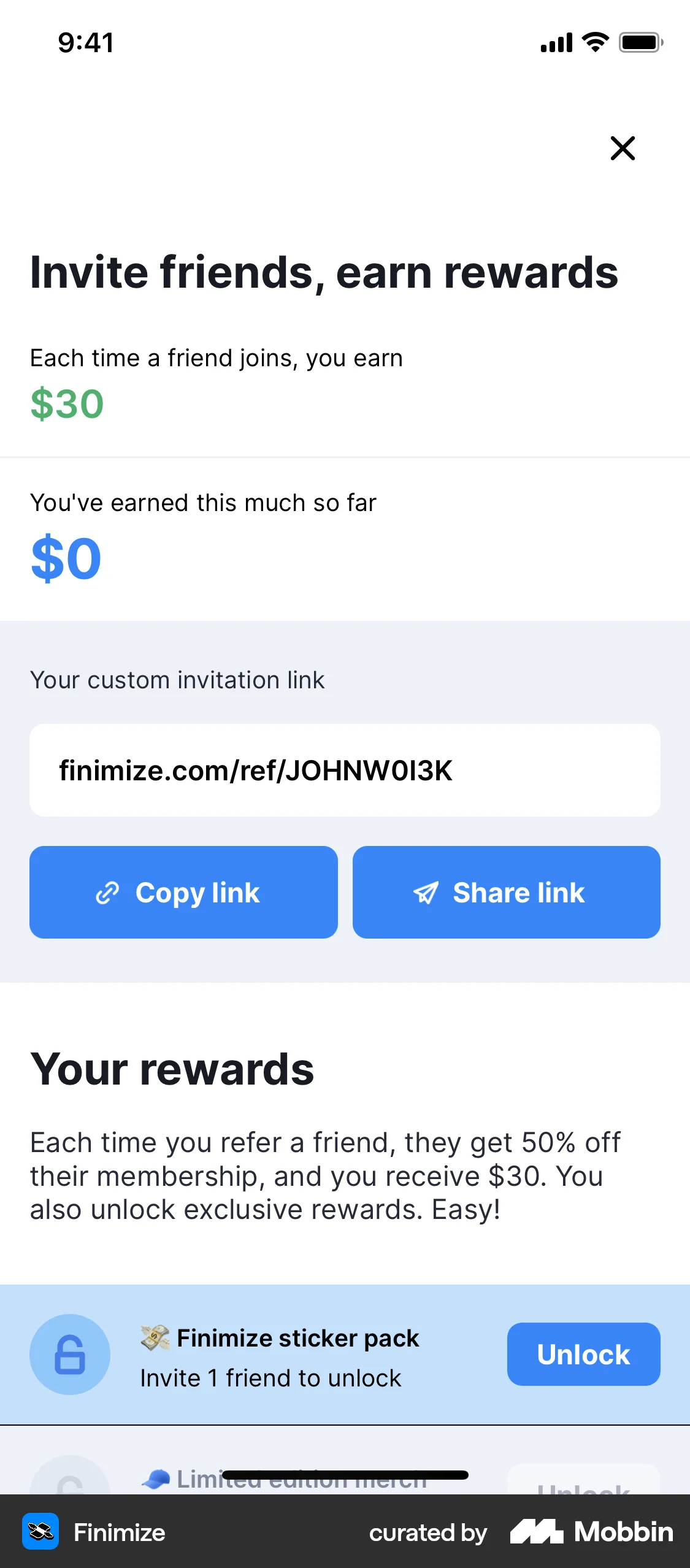 Finimize iOS Invite & Refer Friends screen