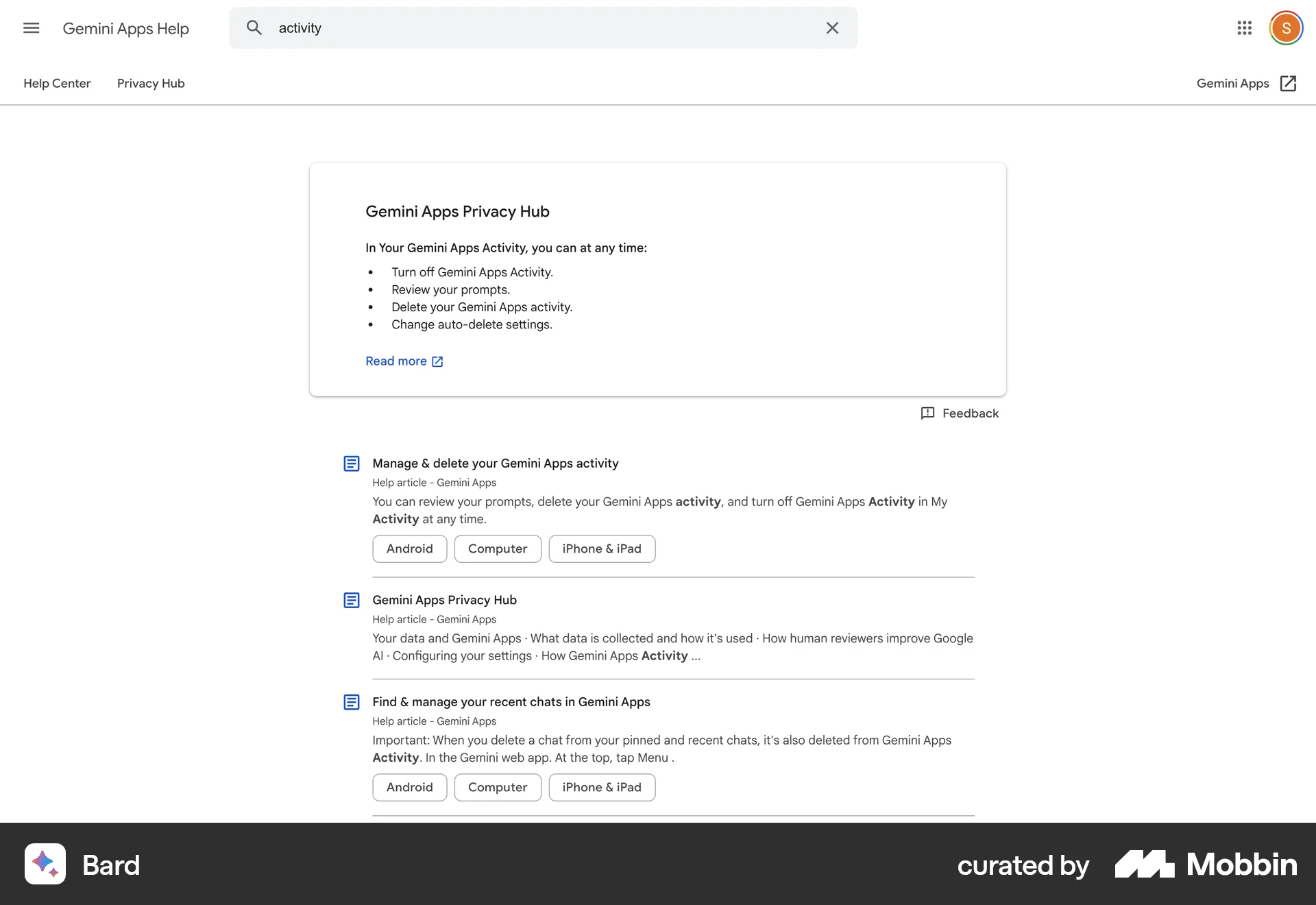 Google Gemini Web Help & Support screen