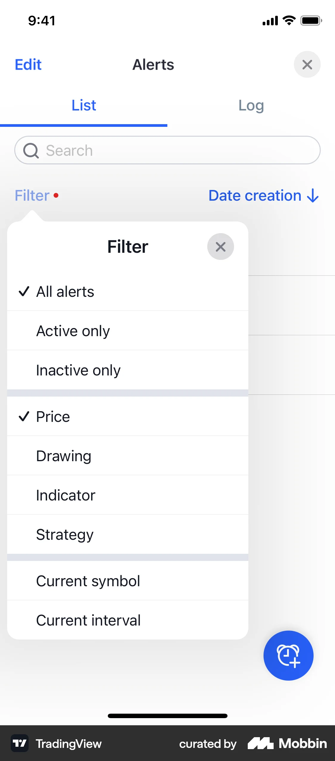 TradingView iOS screen containing Dropdown Menu UI element