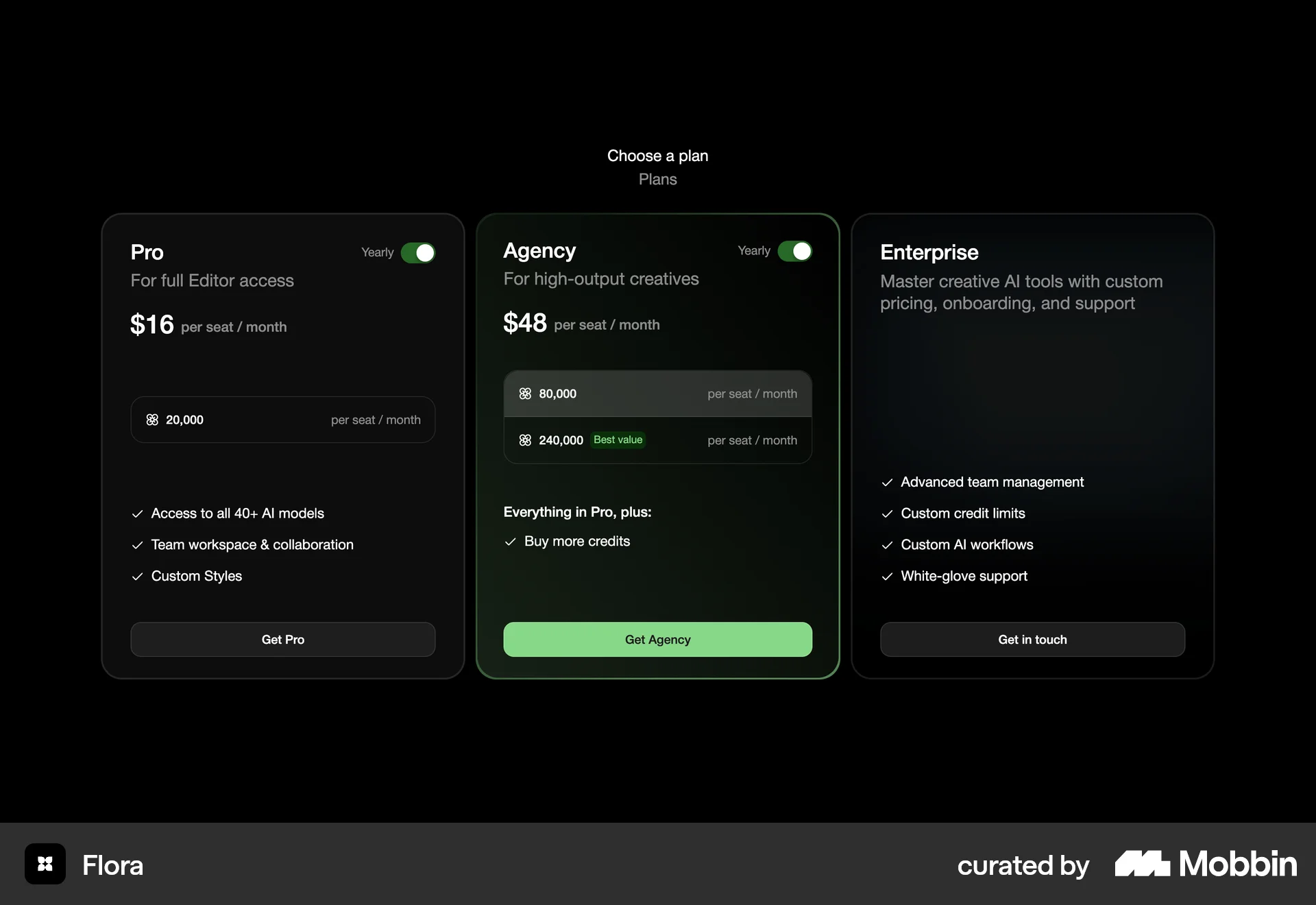 FLORA Web Pricing screen