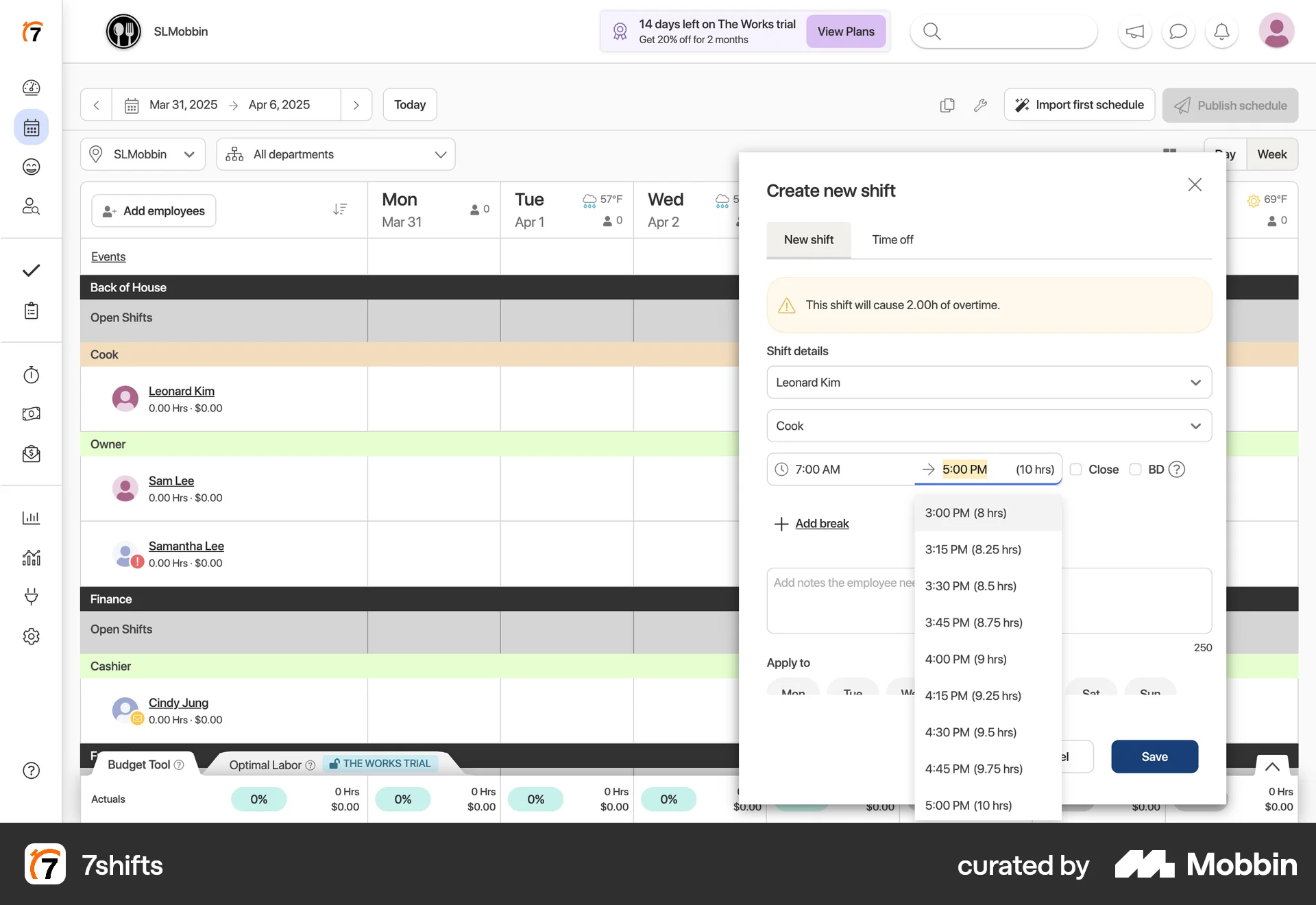 7shifts Web screen containing Time Picker UI element