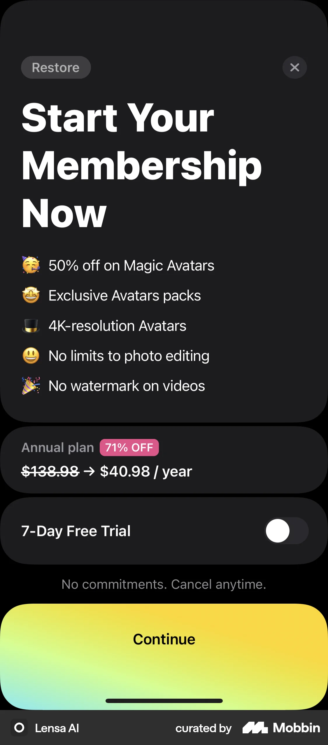 Lensa AI iOS Subscription & Paywall screen