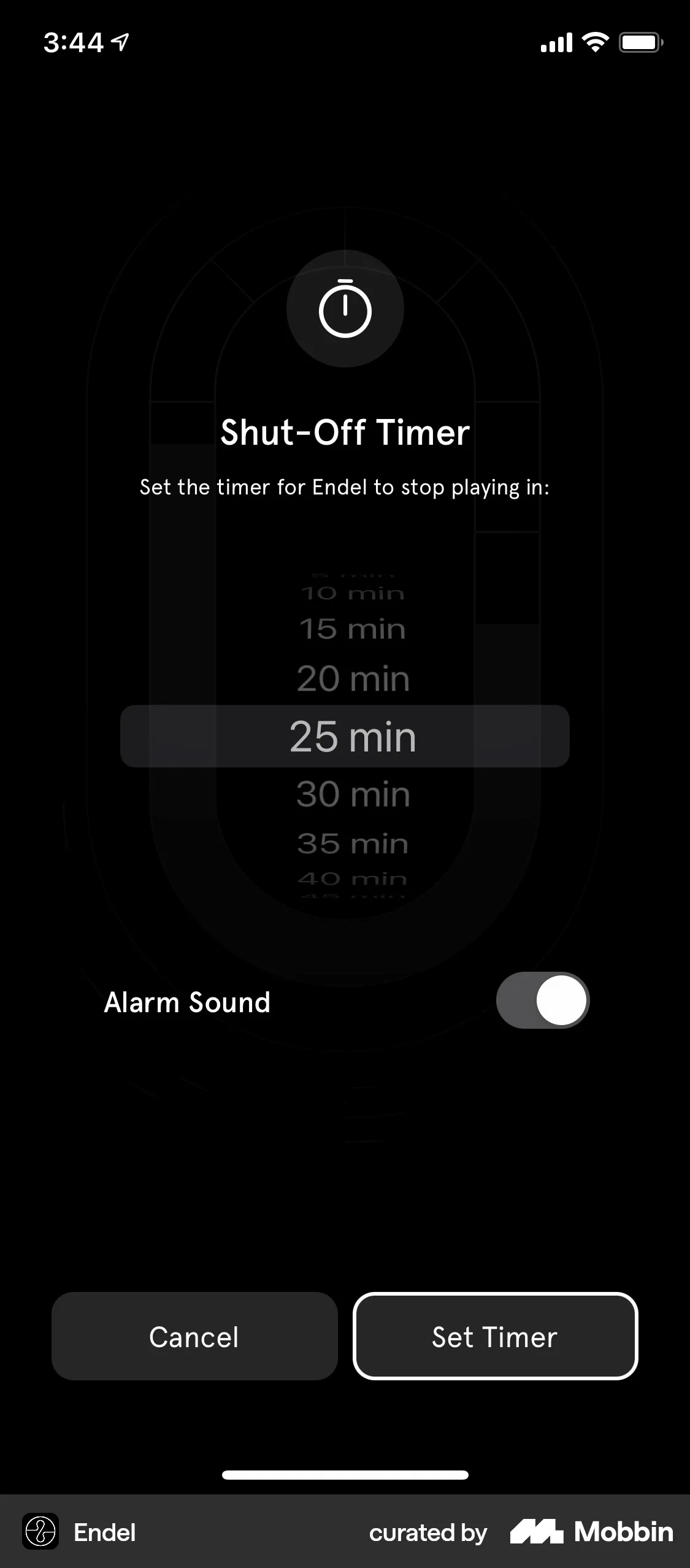 Endel iOS screen containing Time Picker UI element
