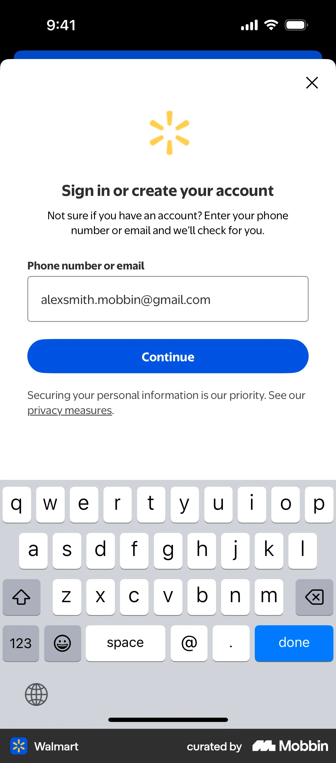 Walmart iOS Signup screen