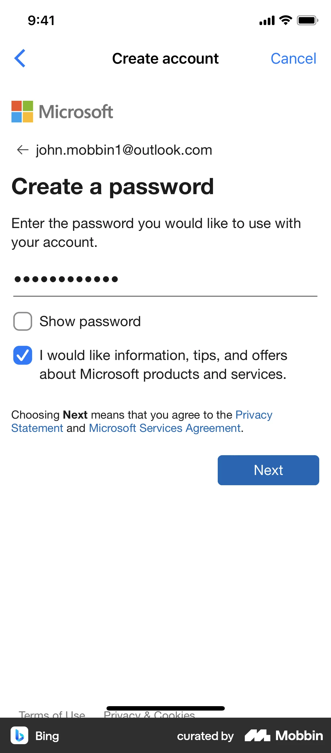 Bing iOS Signup screen
