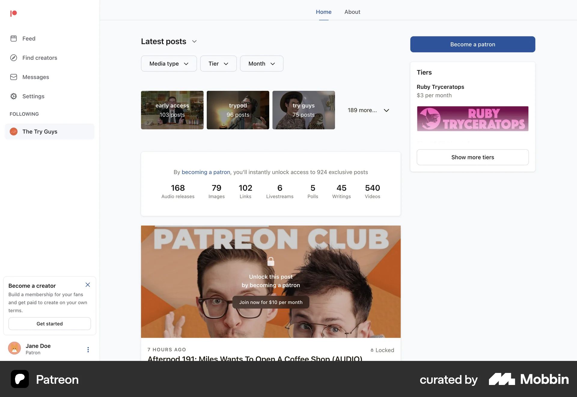 Patreon Web Social Feed screen