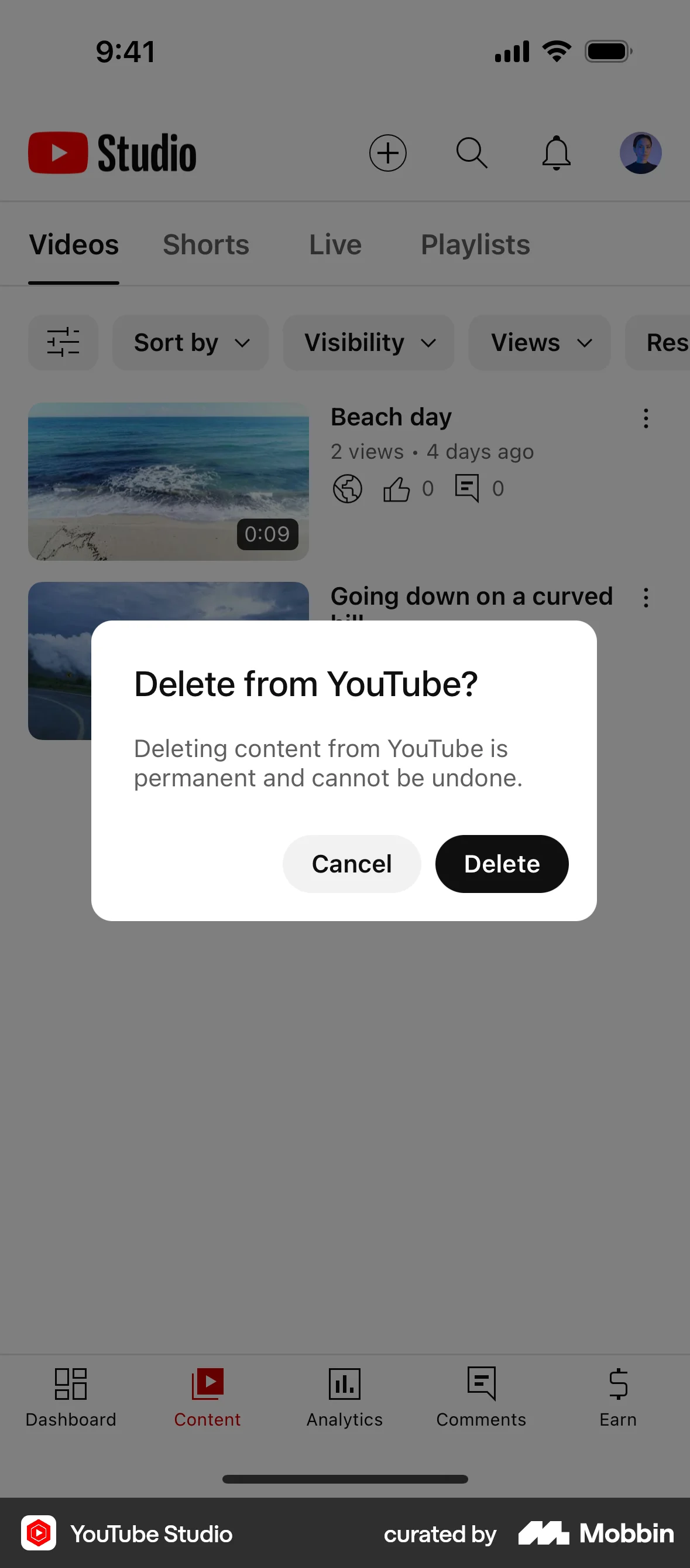 YouTube Studio iOS screen containing Dialog UI element