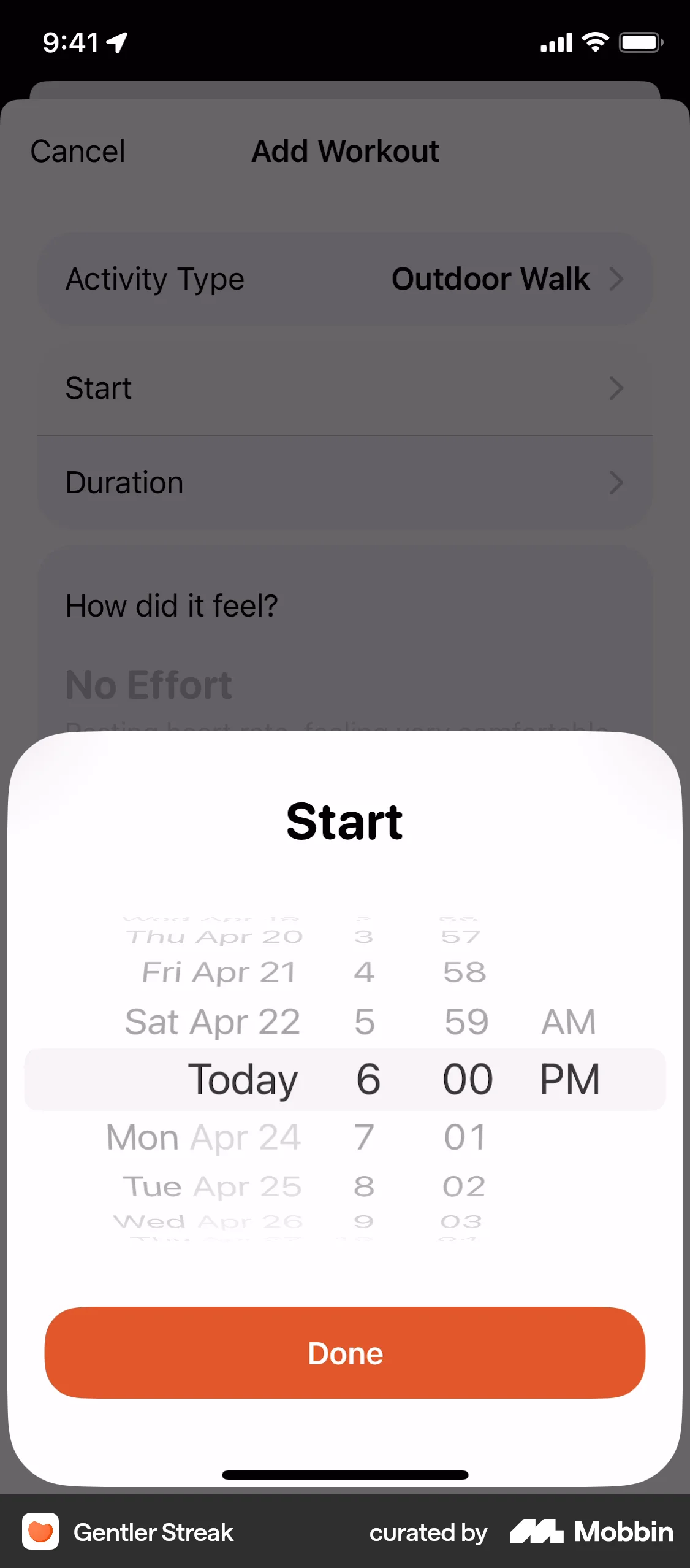 Gentler Streak iOS screen containing Time Picker UI element