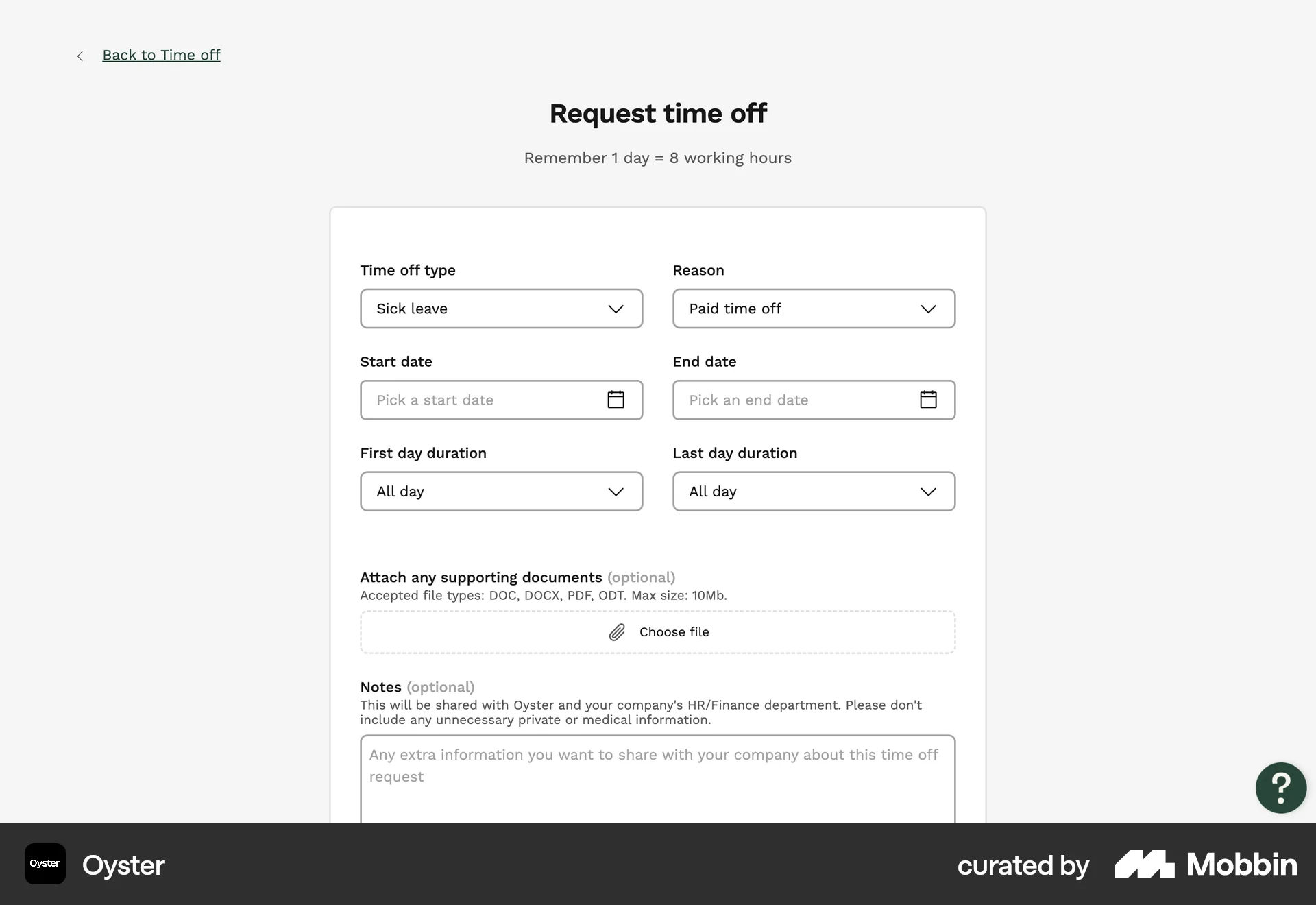 Oyster Web Web Form UI screen