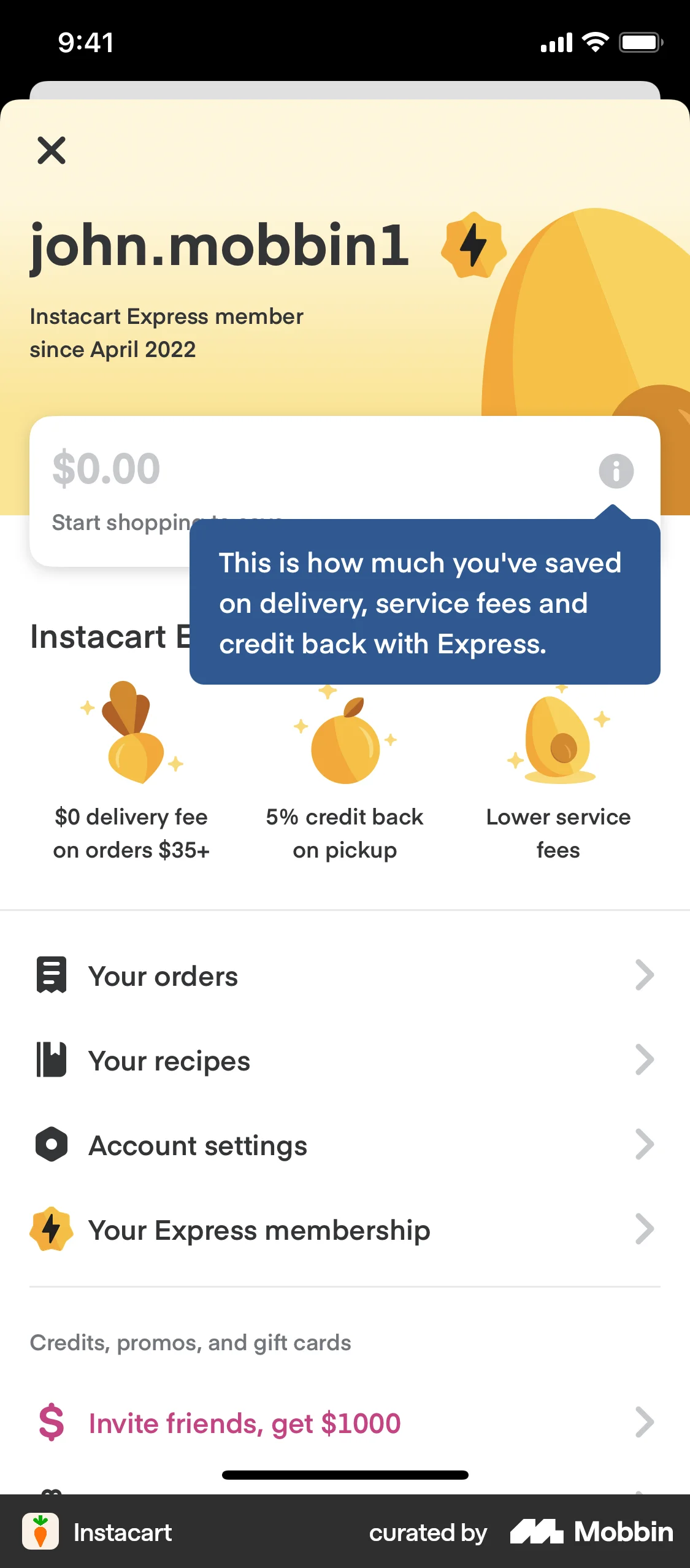 Instacart iOS screen containing Tooltip UI element