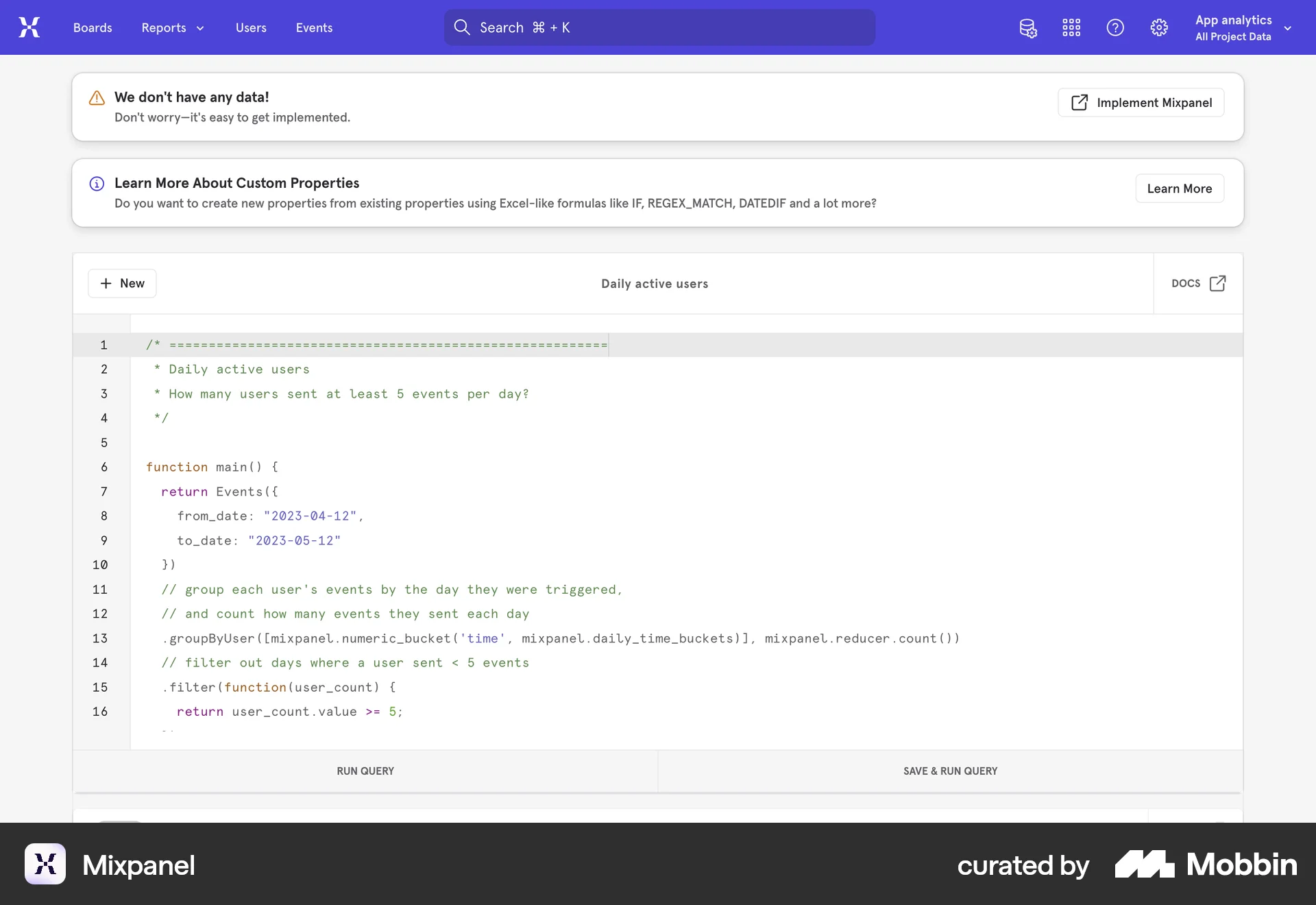 Mixpanel Web Code Editor screen