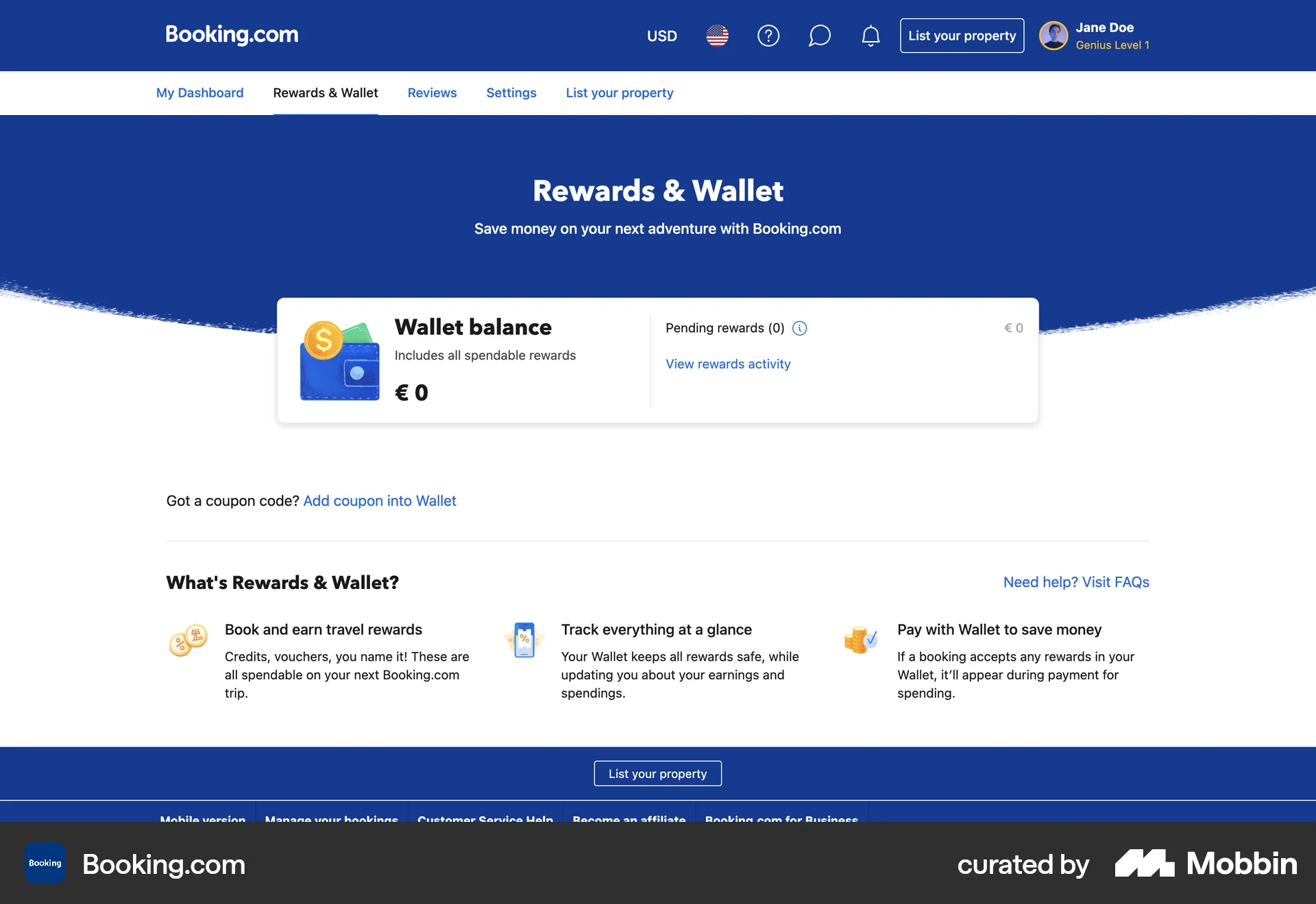 Booking.com Web Wallet & Balance screen