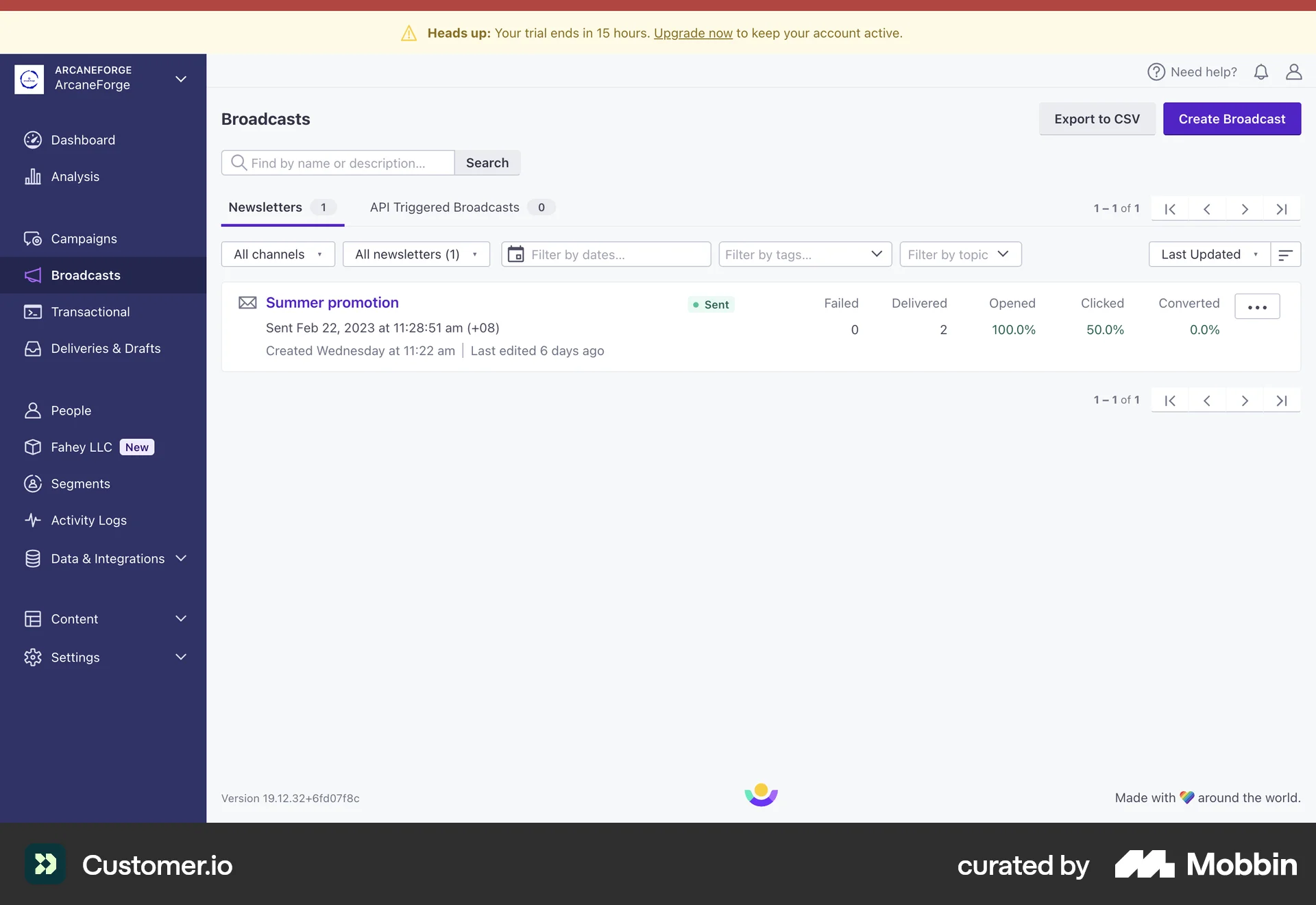 Customer.io Web Other Content screen