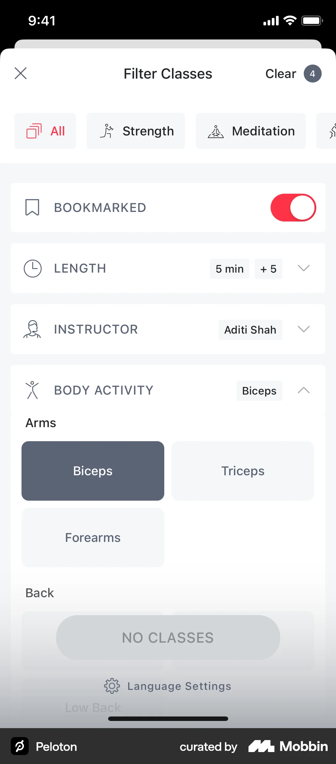 Peloton iOS screen containing Accordion UI element